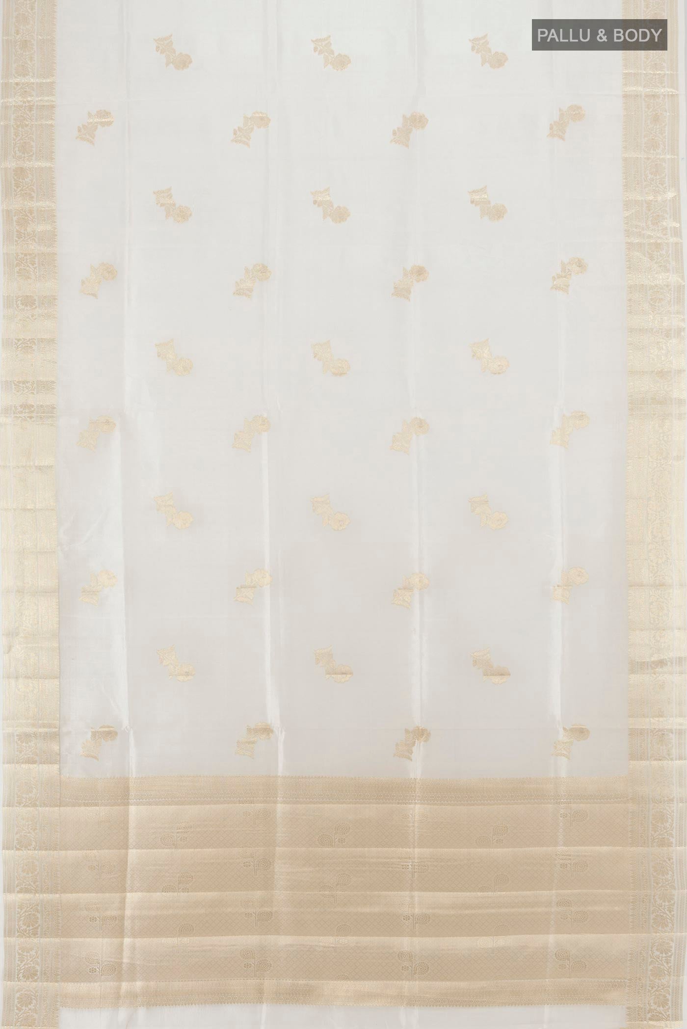 Flat view of White Banarasi Raw Silk Saree with Zari Butta on the body and Zari Border. 