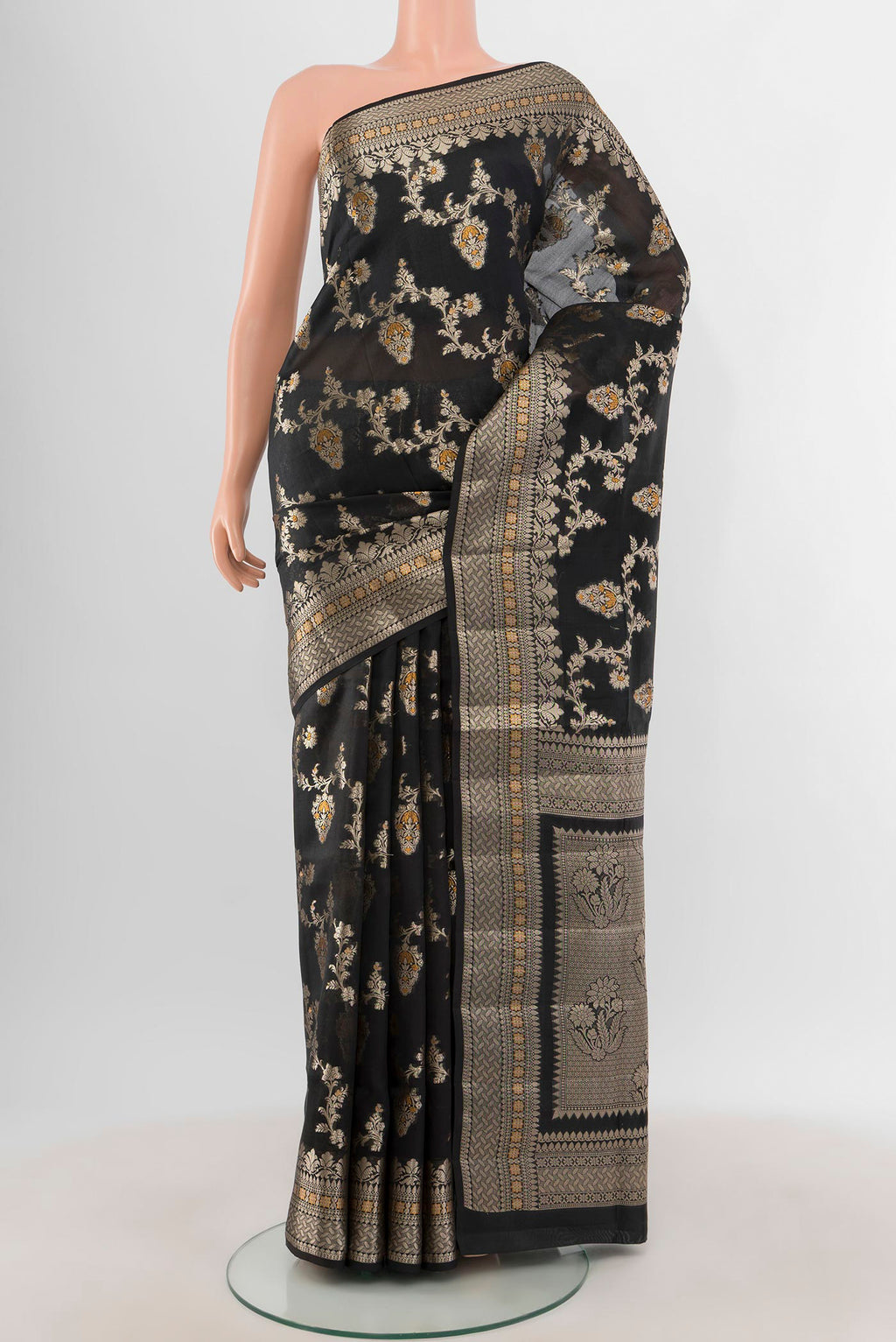 Black Banarasi Raw Silk Saree with Zari And Thread Butta on the body and Zari Border.  displayed on a mannequin