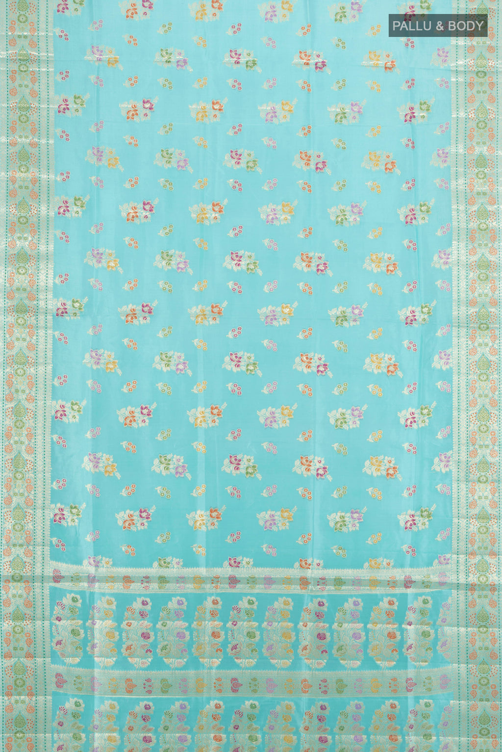 Flat view of Sky Blue Banarasi Raw Silk Saree with Zari And Thread Butta on the body and Zari Border. 
