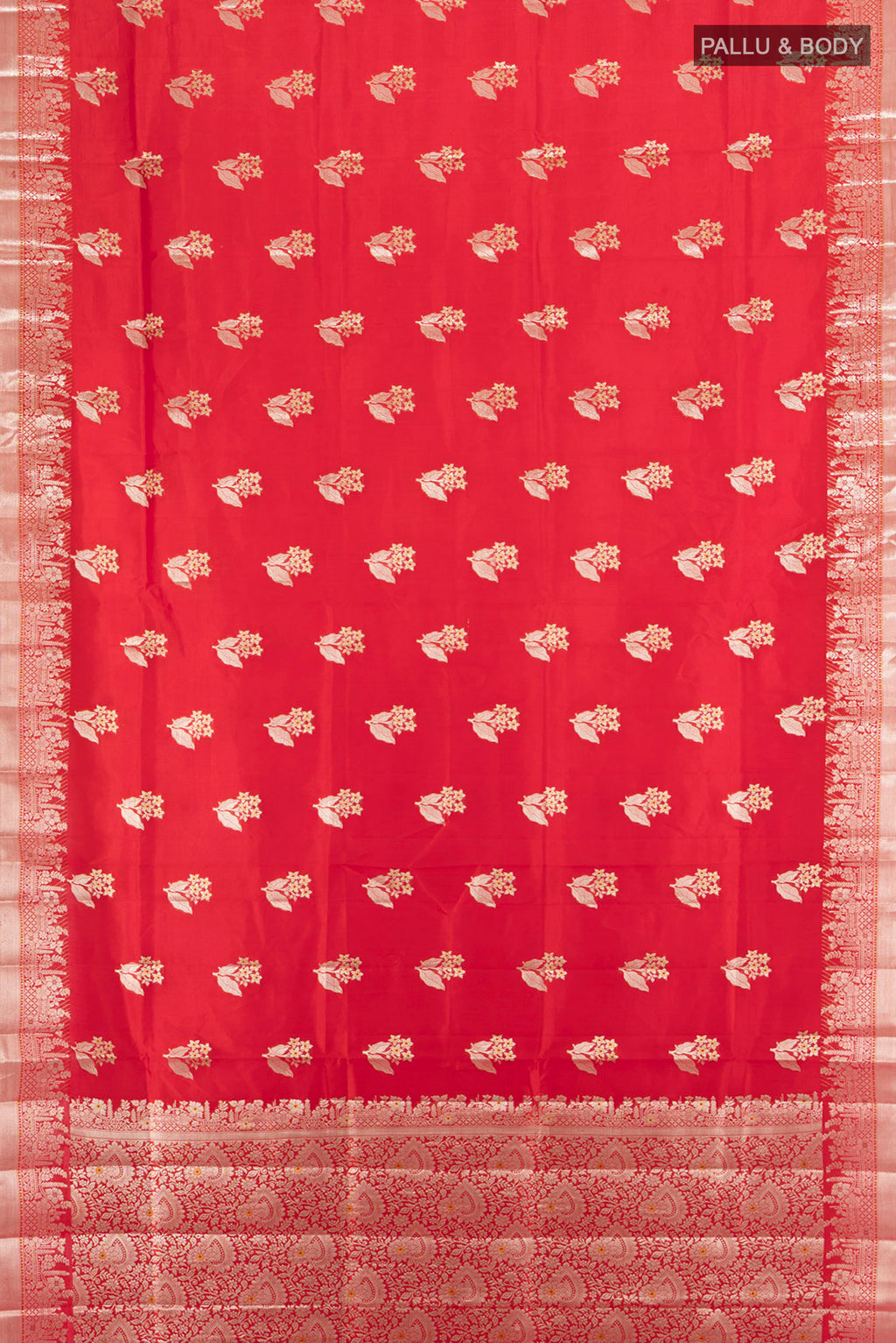 Flat view of Red Banarasi Raw Silk Saree with Zari Butta on the body and Zari Border. 