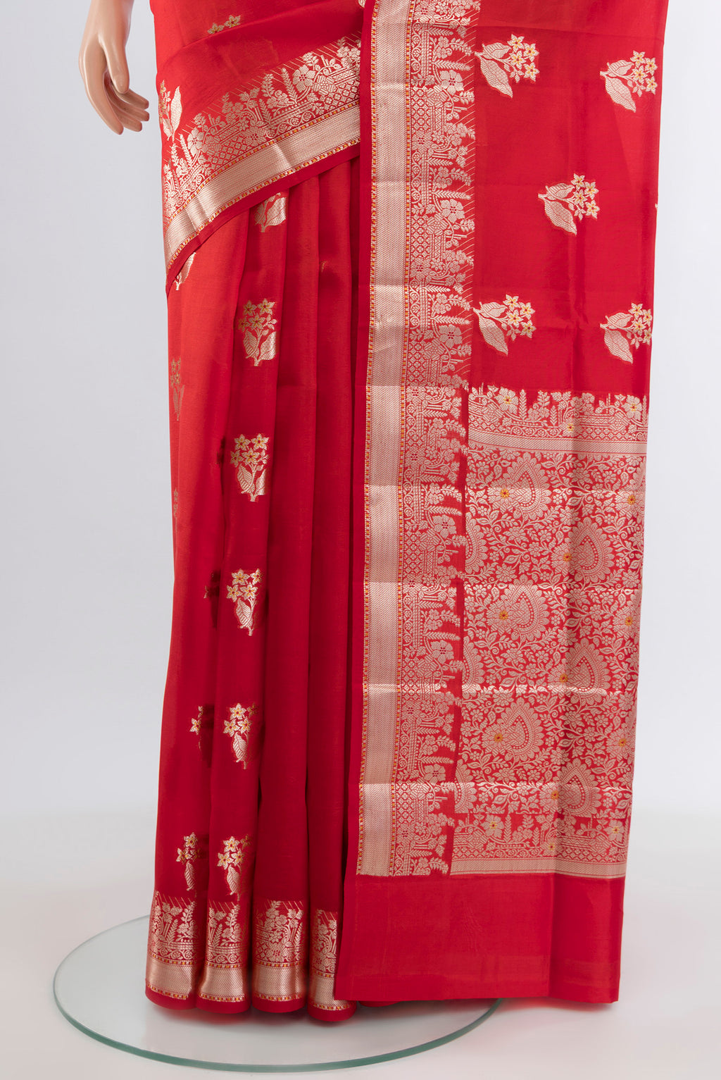 Pleats and pallu of Red Banarasi Raw Silk Saree with Zari Butta on the body and Zari Border. 