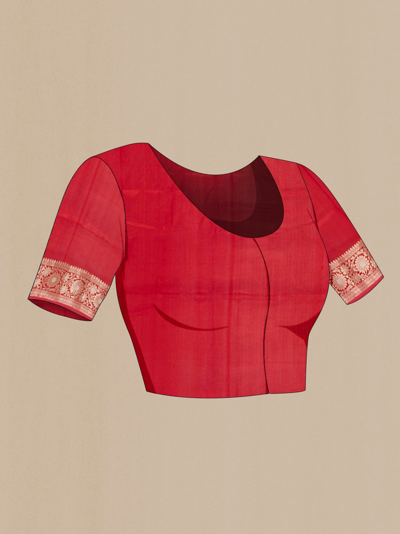 Close up image of the blouse of Coral Banarasi Raw Silk Saree with Zari Butta on the body and Zari Border. 