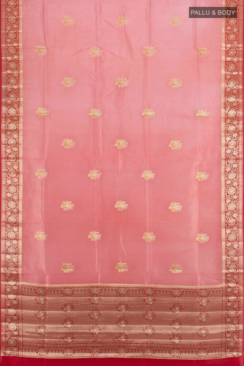 Flat view of Coral Banarasi Raw Silk Saree with Zari Butta on the body and Zari Border. 