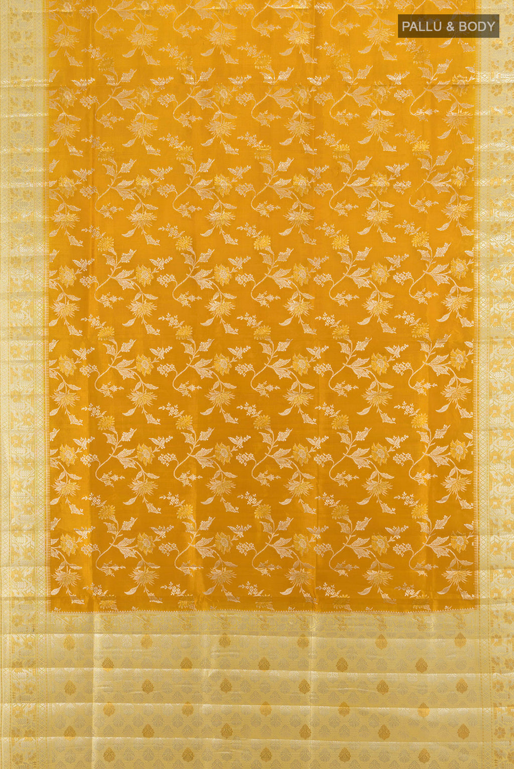Flat view of Yellow Banarasi Raw Silk Saree with Zari Butta on the body and Zari Border. 