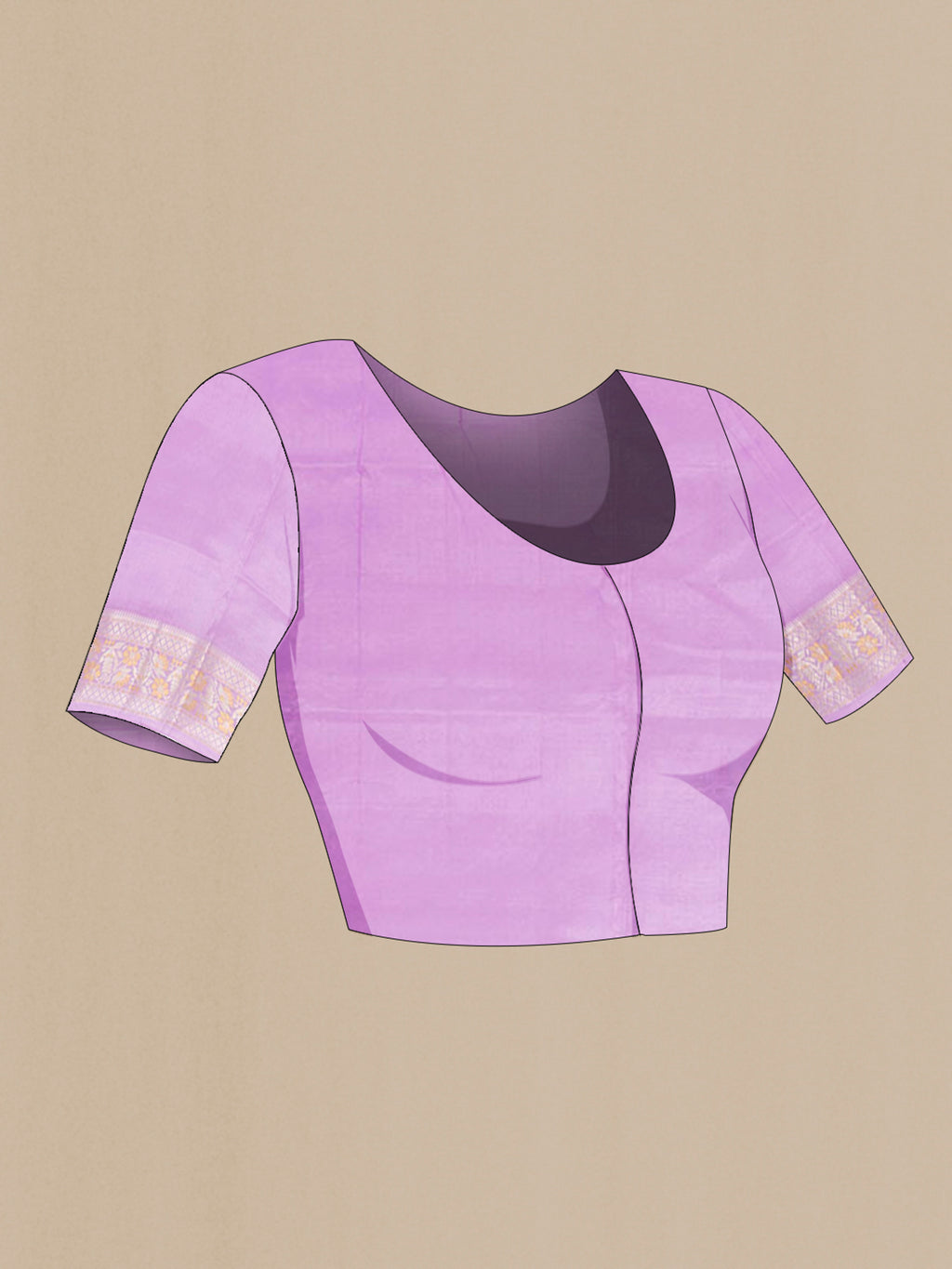 Close up image of the blouse of Violet Banarasi Raw Silk Saree with Zari Butta on the body and Zari Border. 