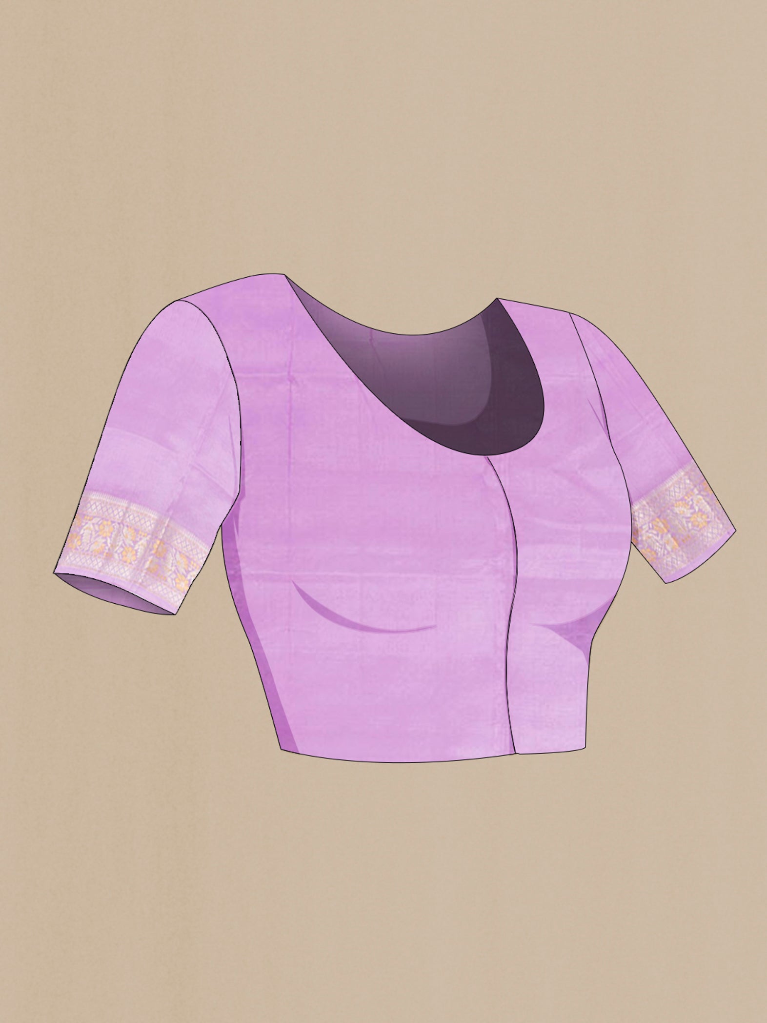Close up image of the blouse of Violet Banarasi Raw Silk Saree with Zari Butta on the body and Zari Border. 