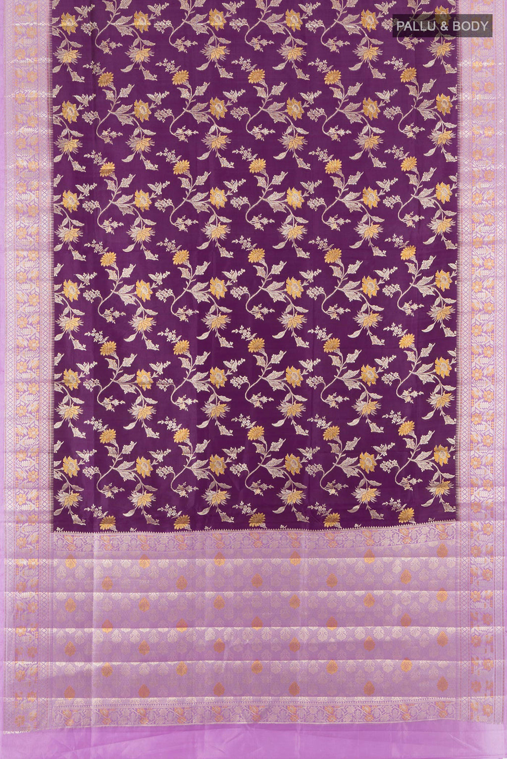 Flat view of Violet Banarasi Raw Silk Saree with Zari Butta on the body and Zari Border. 