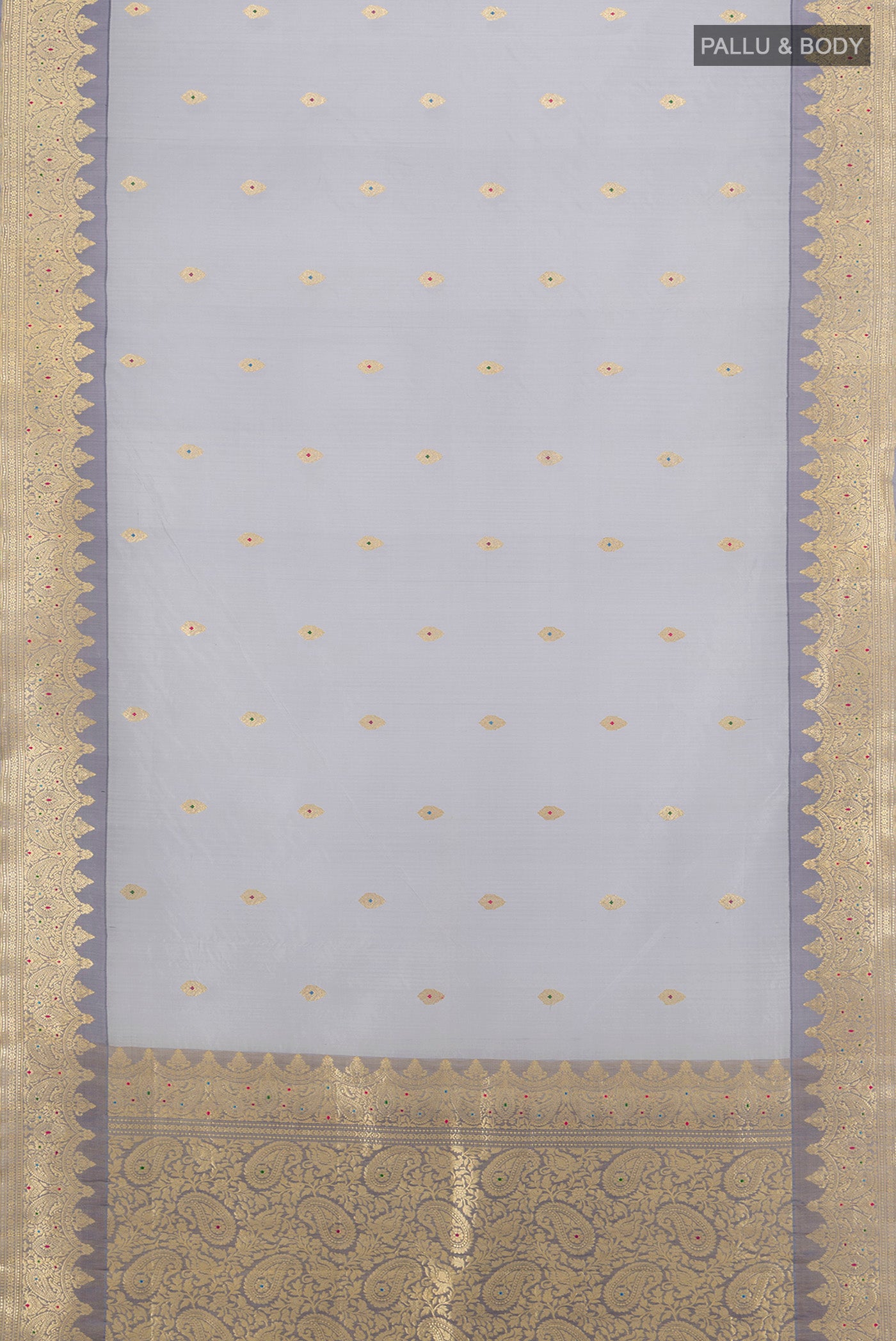 Flat view of Davys Grey Banarasi Kora Silk Saree with Zari Butta on the body and Zari Border. 