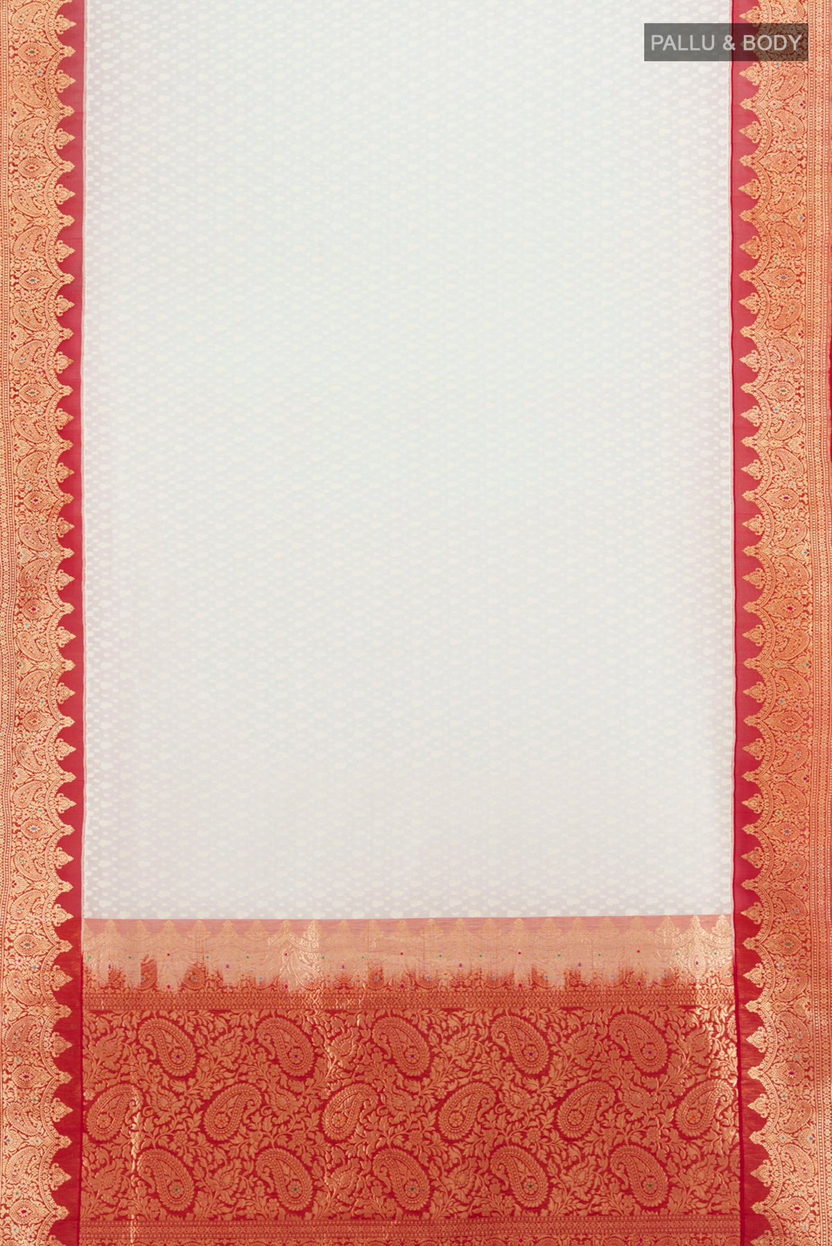 Flat view of Off White Banarasi Kora Silk Saree with Jacquard design on the body and Zari Border. 