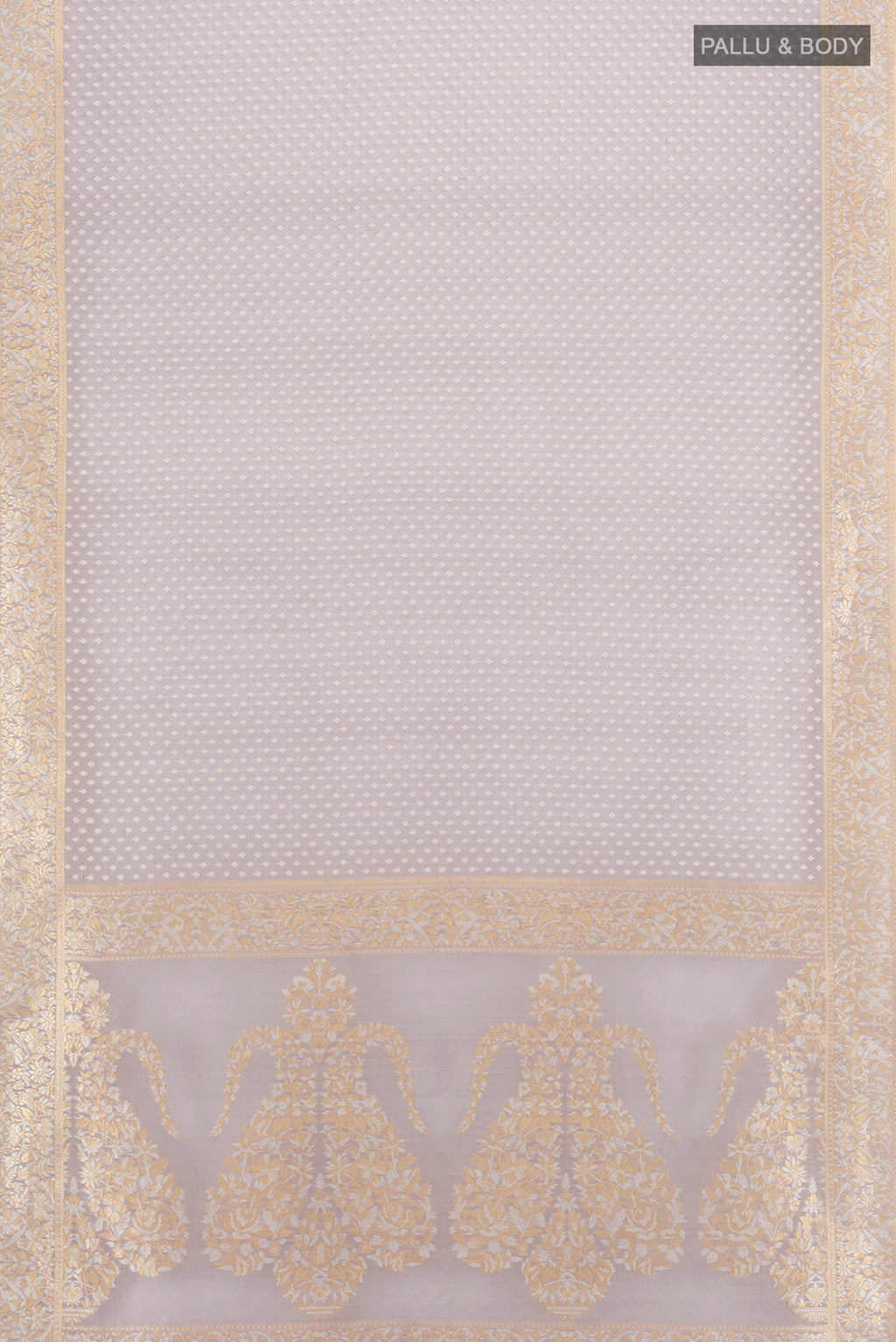 Flat view of Lilac Banarasi Kora Silk Saree with Zari Butta on the body and Zari Border. 