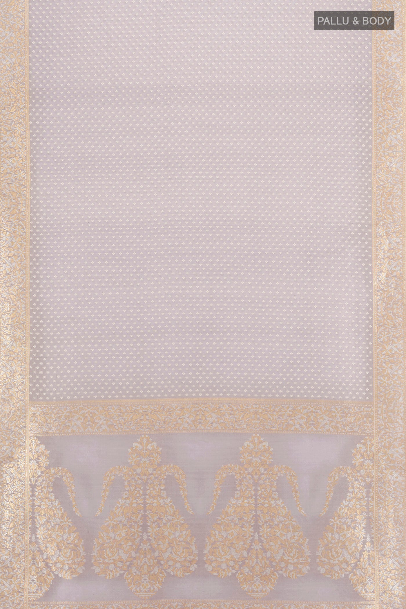 Flat view of Lilac Banarasi Kora Silk Saree with Zari Butta on the body and Zari Border. 