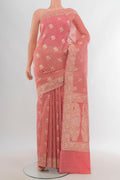 Rose pink Banarasi Kora Silk Saree with Zari Butta on the body and Zari Border.  displayed on a mannequin