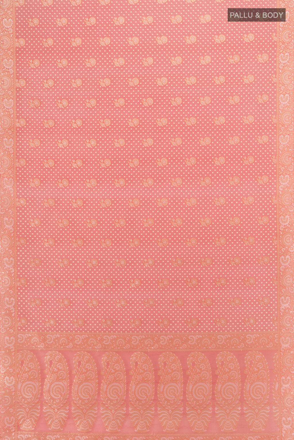 Flat view of Rose pink Banarasi Kora Silk Saree with Zari Butta on the body and Zari Border. 