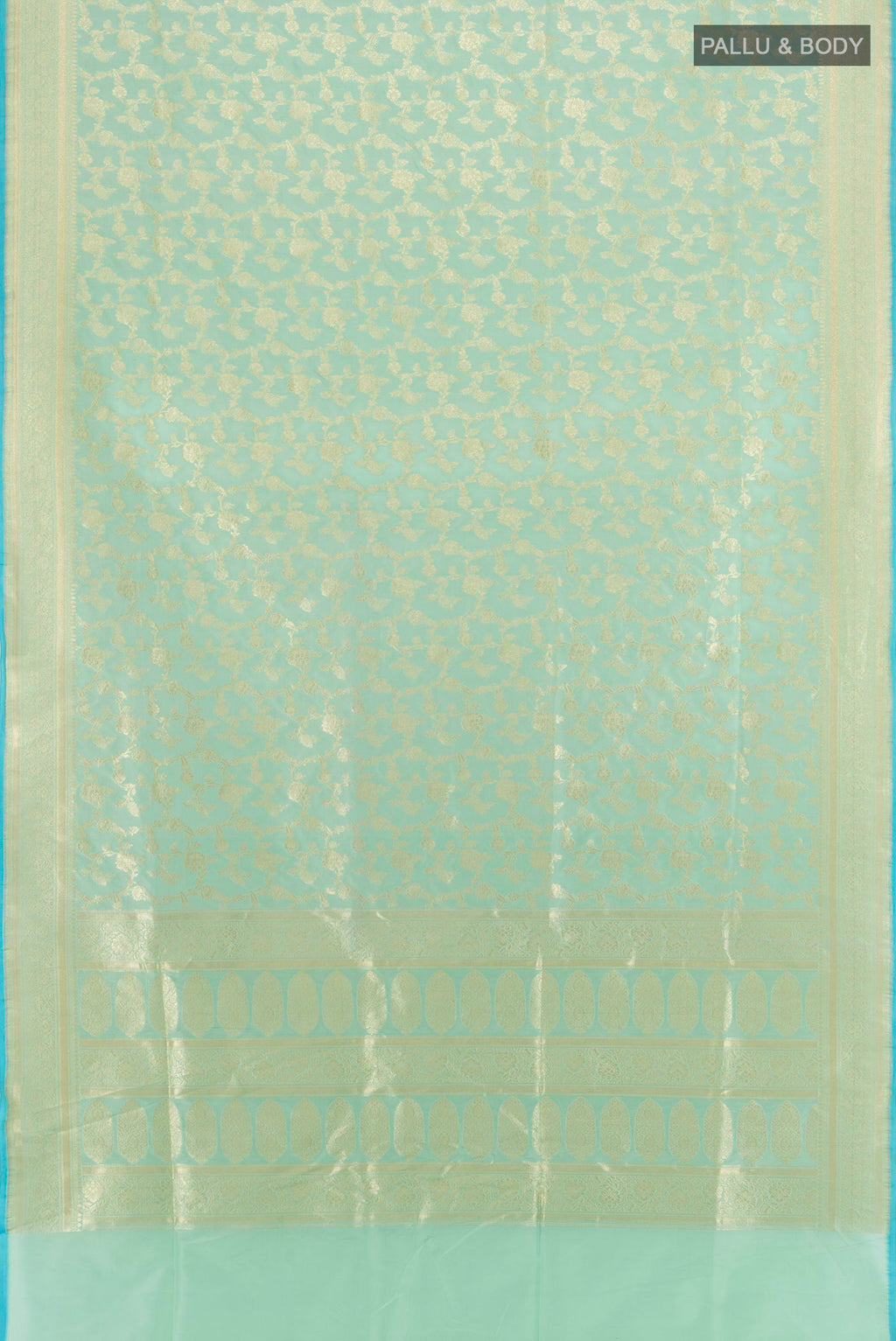 Flat view of Light Blue Banarasi Silk Saree with Zari Brocade on the body and Zari Border. 