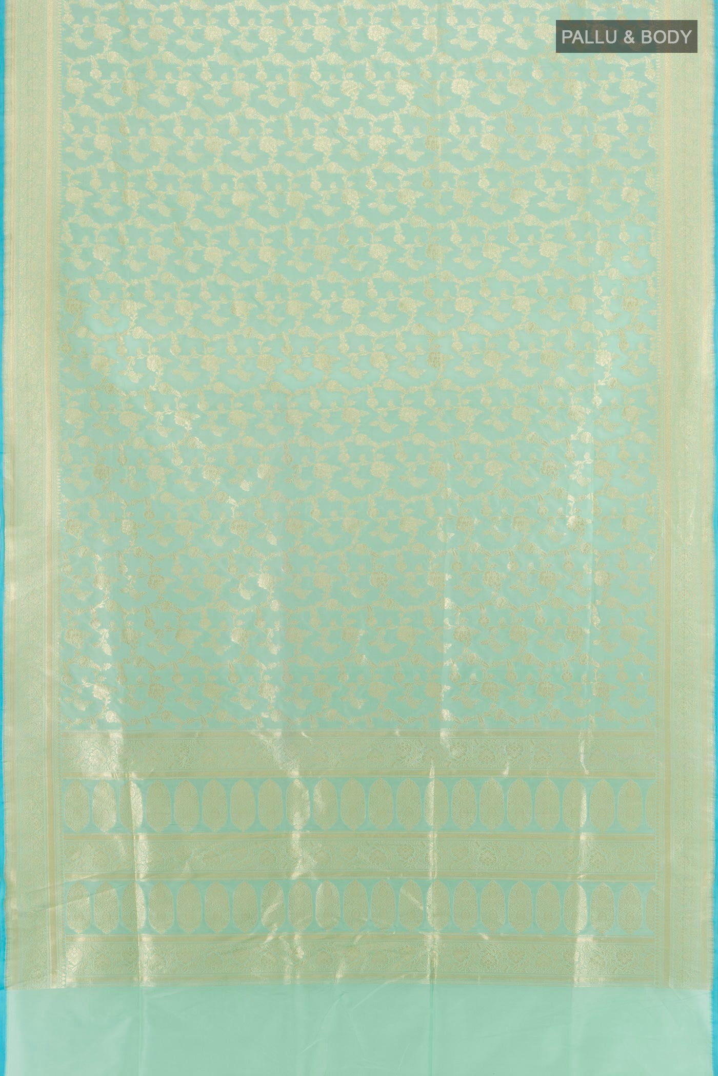 Flat view of Light Blue Banarasi Silk Saree with Zari Brocade on the body and Zari Border. 