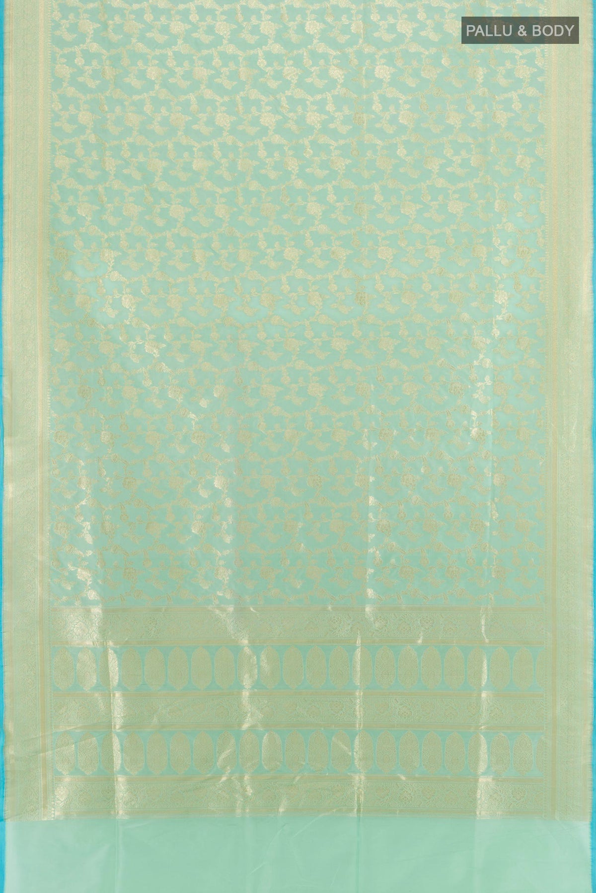 Flat view of Light Blue Banarasi Silk Saree with Zari Brocade on the body and Zari Border. 