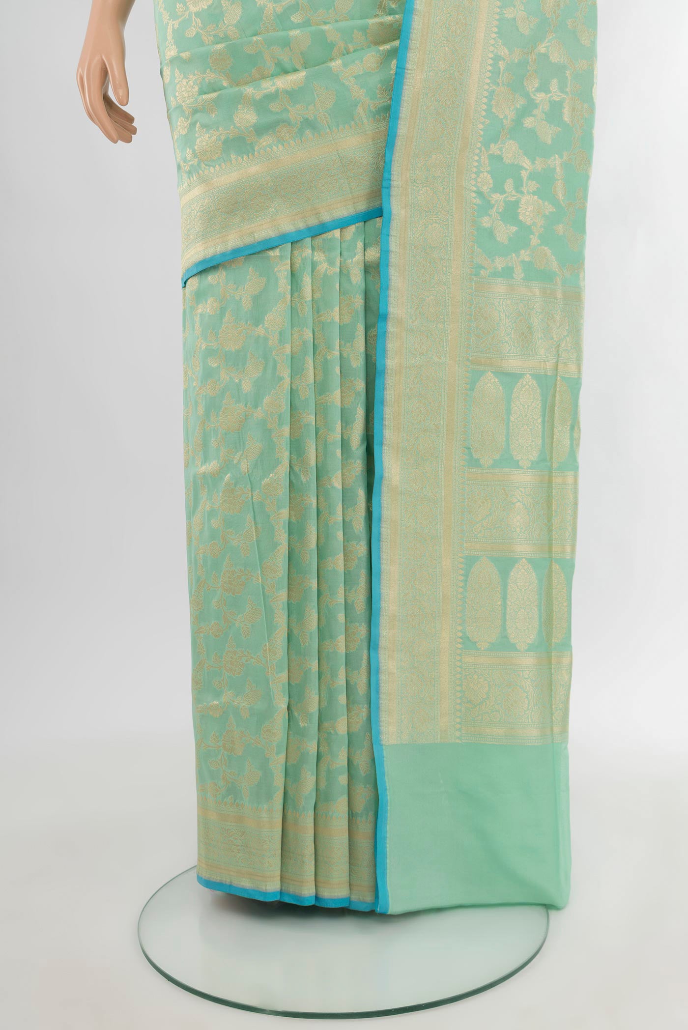 Pleats and pallu of Light Blue Banarasi Silk Saree with Zari Brocade on the body and Zari Border. 