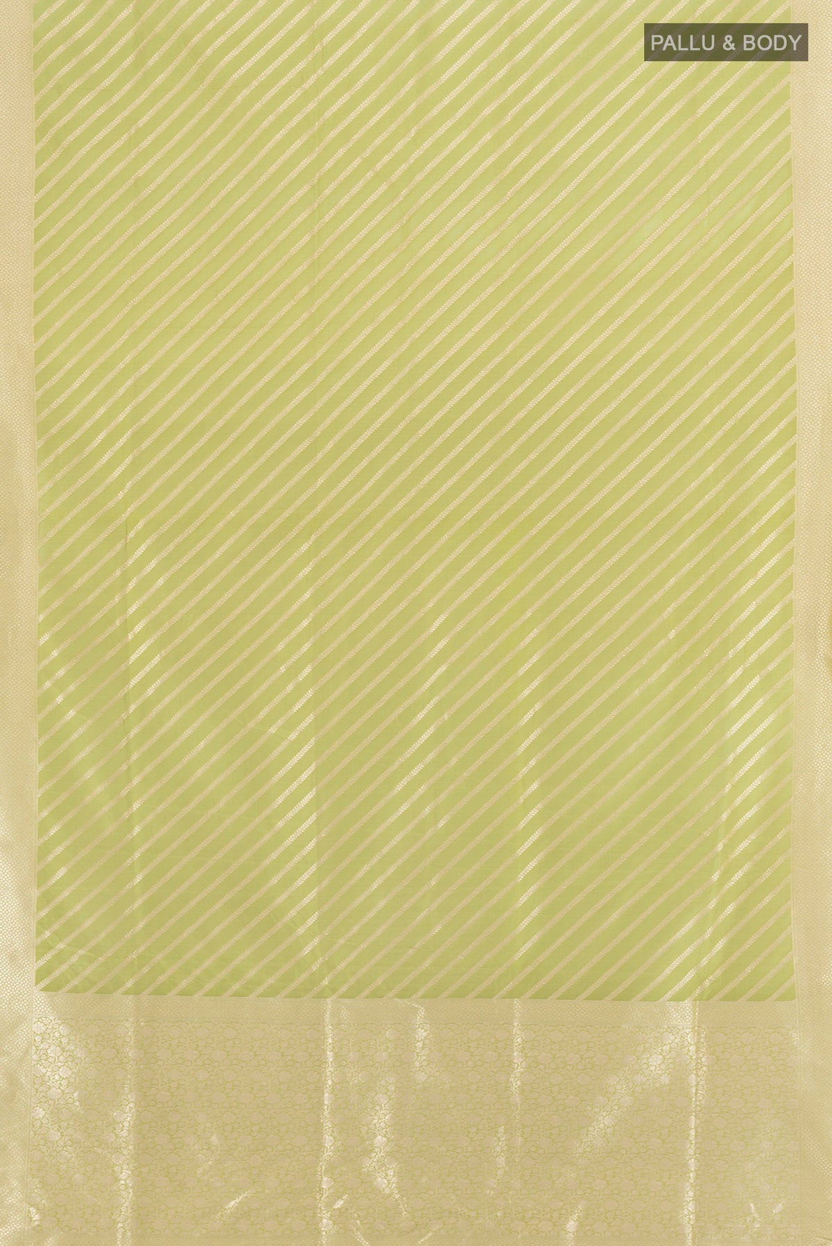 Flat view of Pure Silk Pure Zari Light Green Banarasi Saree with Zari Butta on the body and Silk Border. 
