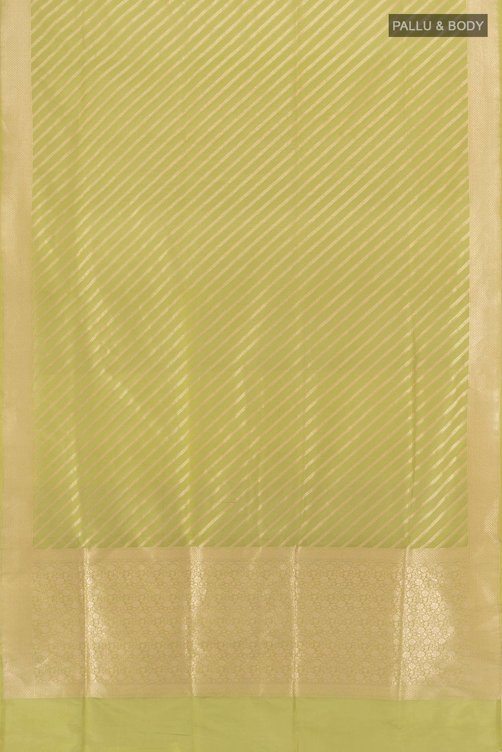 Flat view of Pista Green Banarasi Silk Saree with Stripes on the body and Zari Border. 