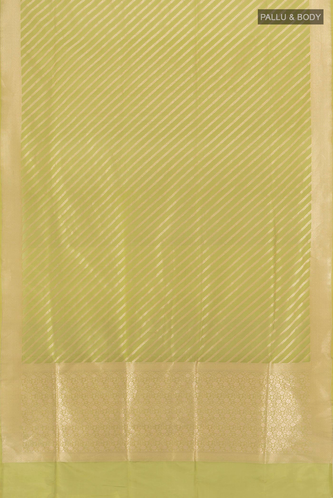 Flat view of Pista Green Banarasi Silk Saree with Stripes on the body and Zari Border. 