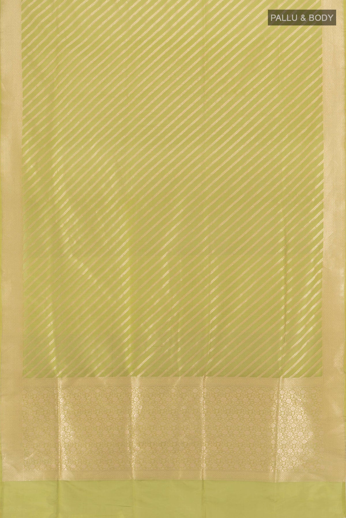 Flat view of Pista Green Banarasi Silk Saree with Stripes on the body and Zari Border. 