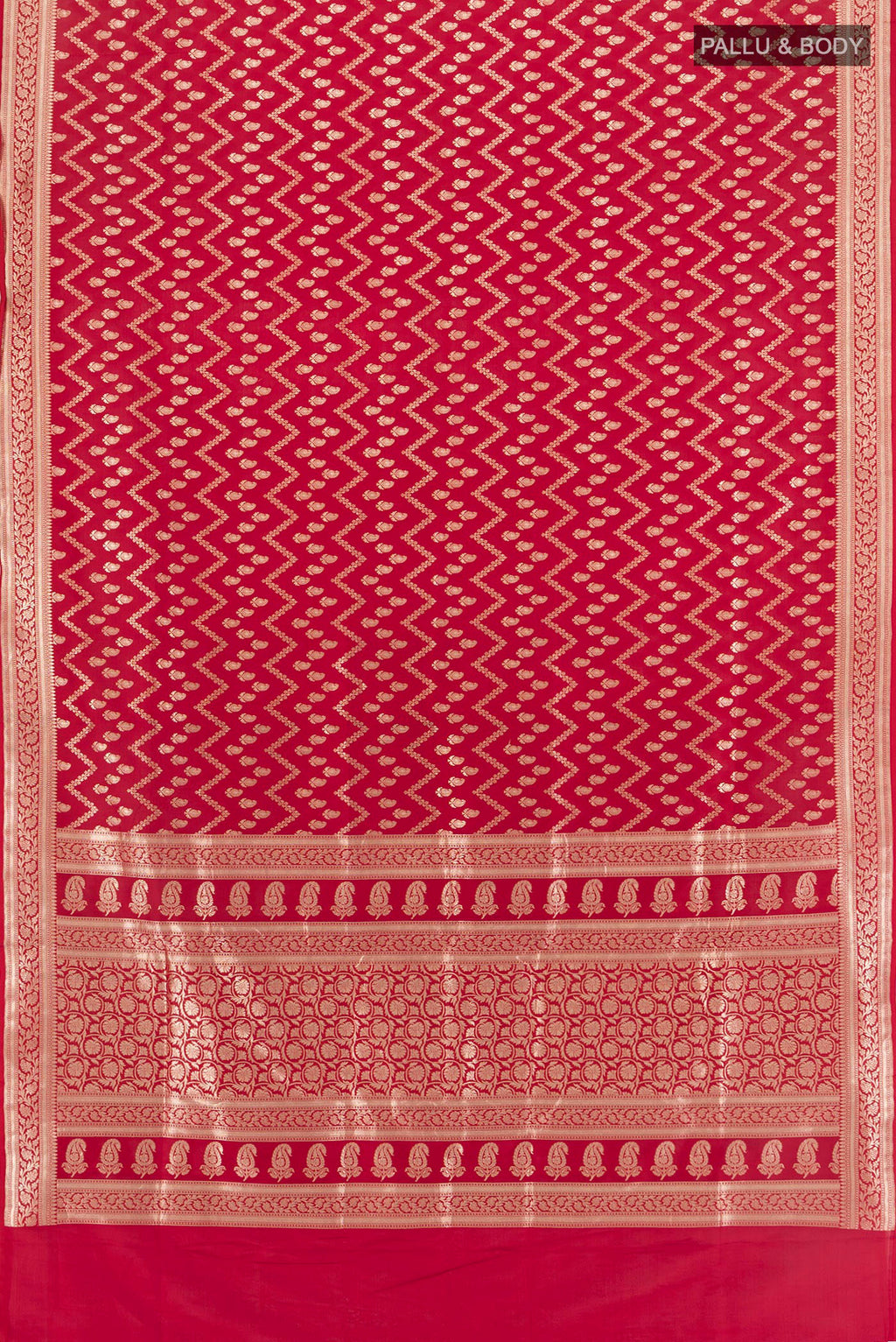 Flat view of Red Banarasi Silk Saree with Zari Butta on the body and Zari Border. 