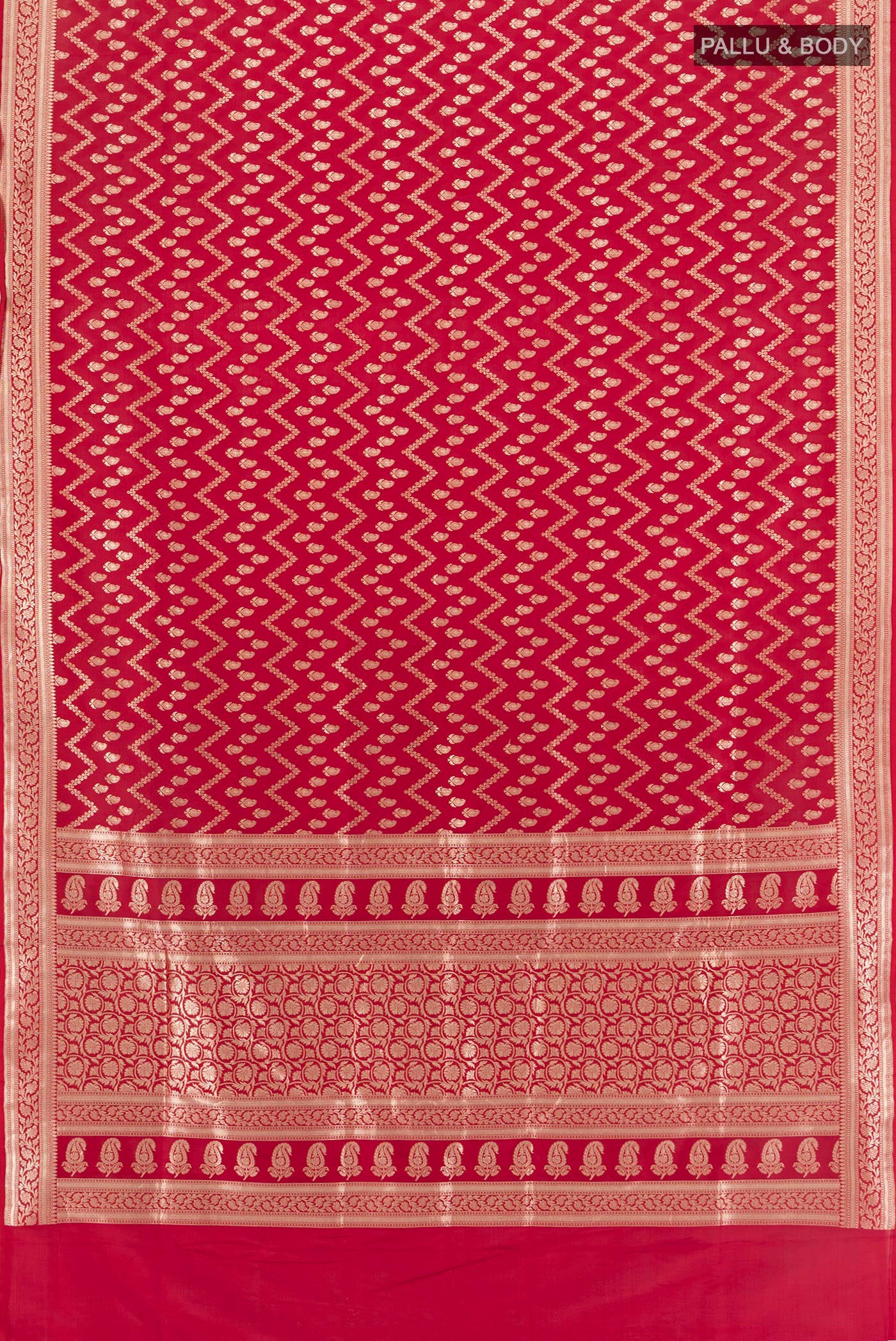Flat view of Red Banarasi Silk Saree with Zari Butta on the body and Zari Border. 