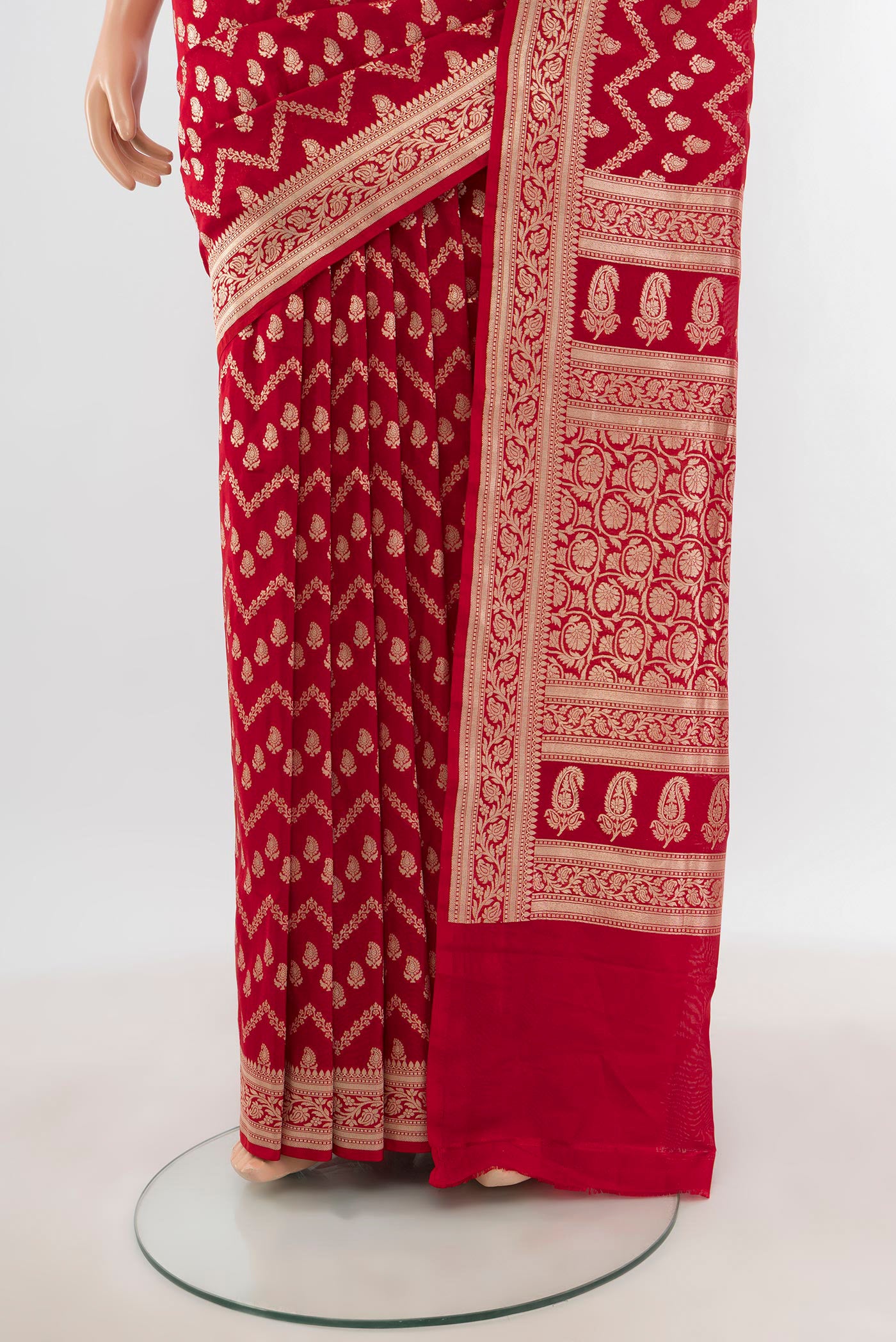 Pleats and pallu of Red Banarasi Silk Saree with Zari Butta on the body and Zari Border. 