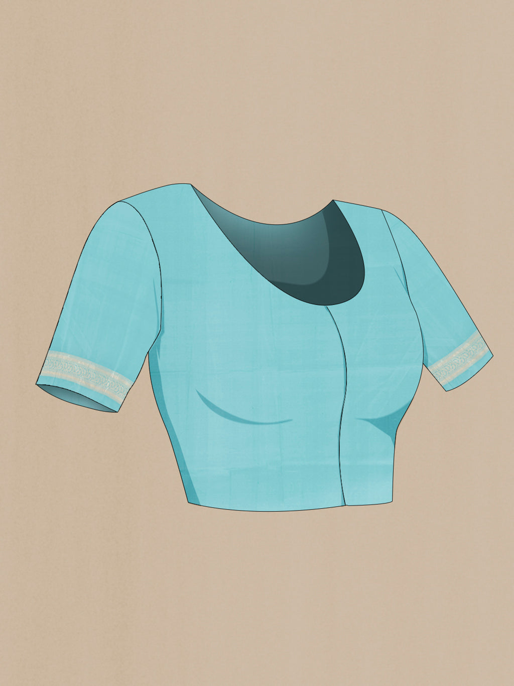 Close up image of the blouse of Sky Blue Banarasi Silk Saree with Zari Butta on the body and Zari Border. 