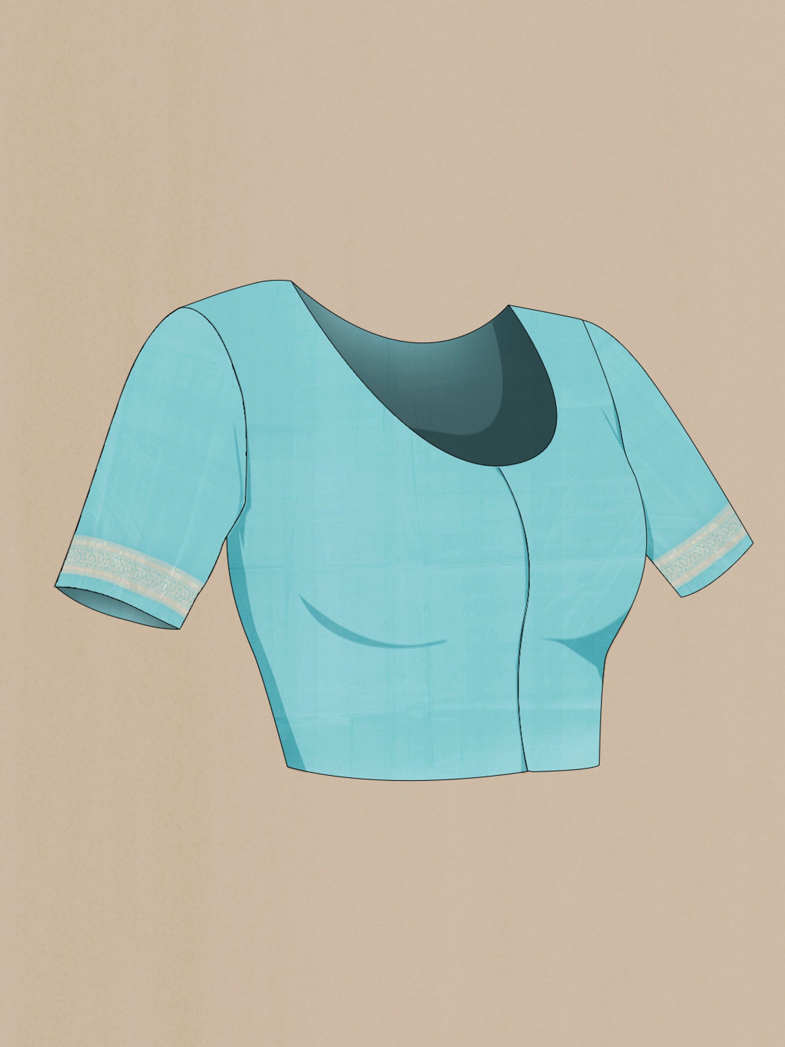 Close up image of the blouse of Sky Blue Banarasi Silk Saree with Zari Butta on the body and Zari Border. 