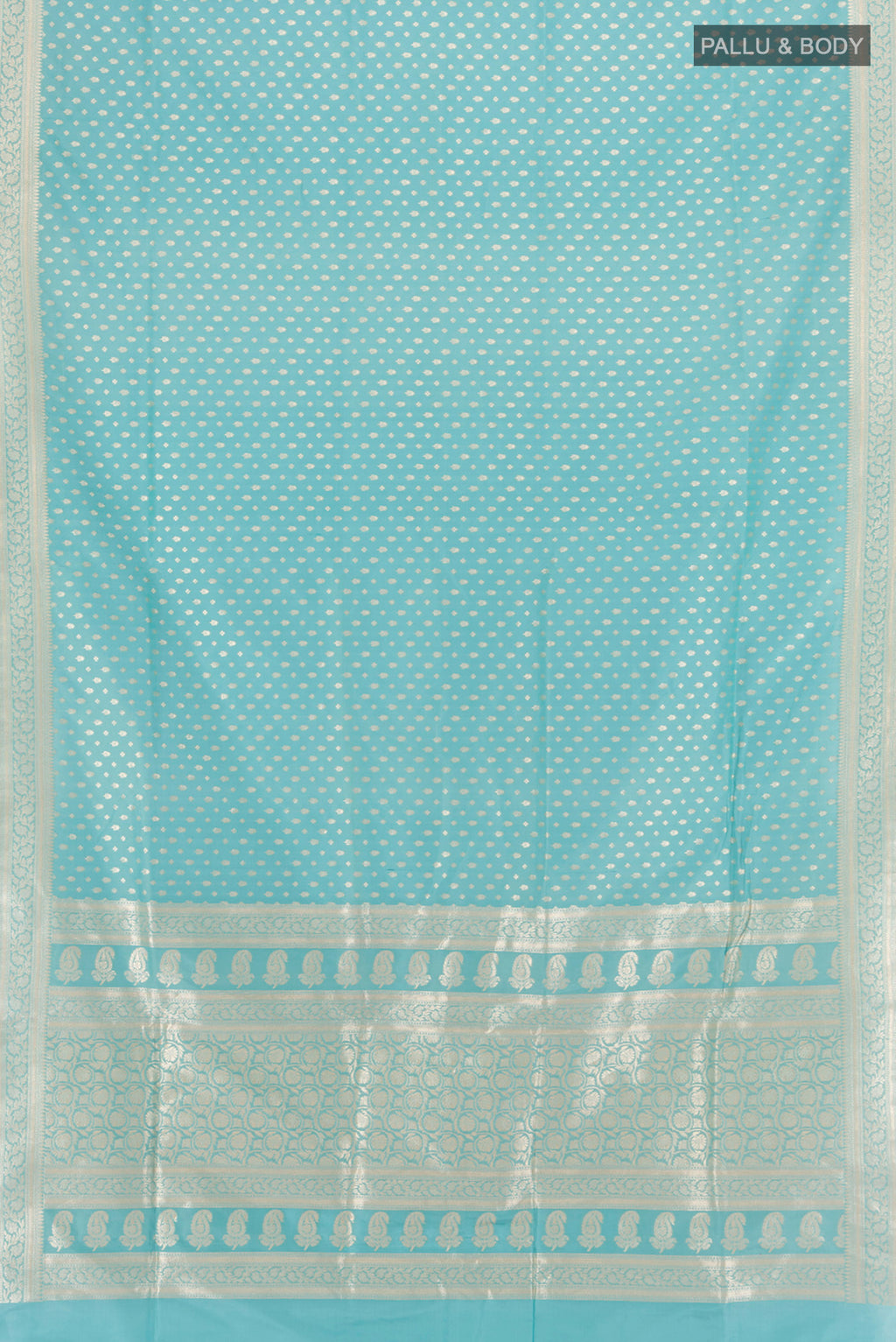 Flat view of Sky Blue Banarasi Silk Saree with Zari Butta on the body and Zari Border. 