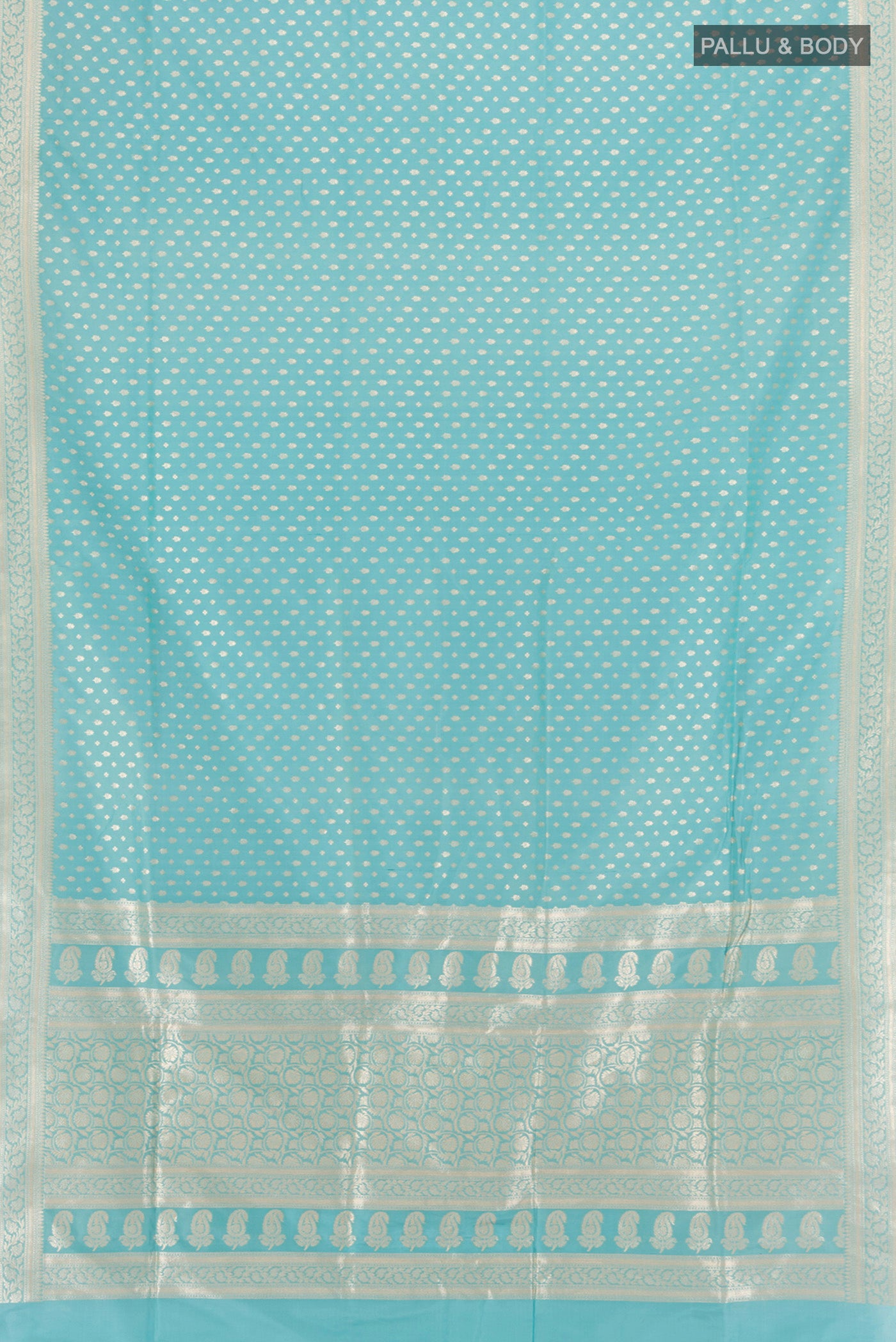 Flat view of Sky Blue Banarasi Silk Saree with Zari Butta on the body and Zari Border. 