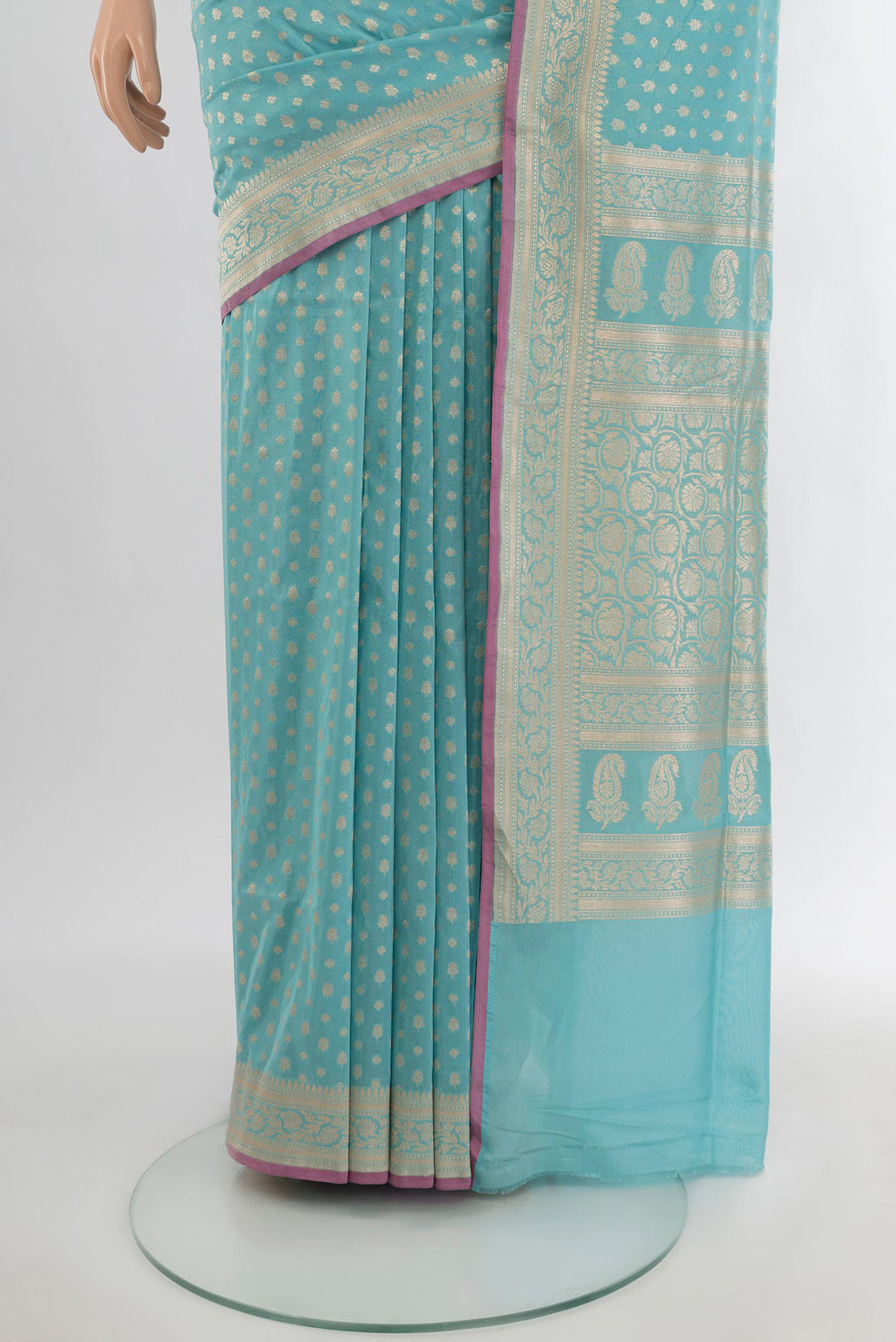 Pleats and pallu of Sky Blue Banarasi Silk Saree with Zari Butta on the body and Zari Border. 