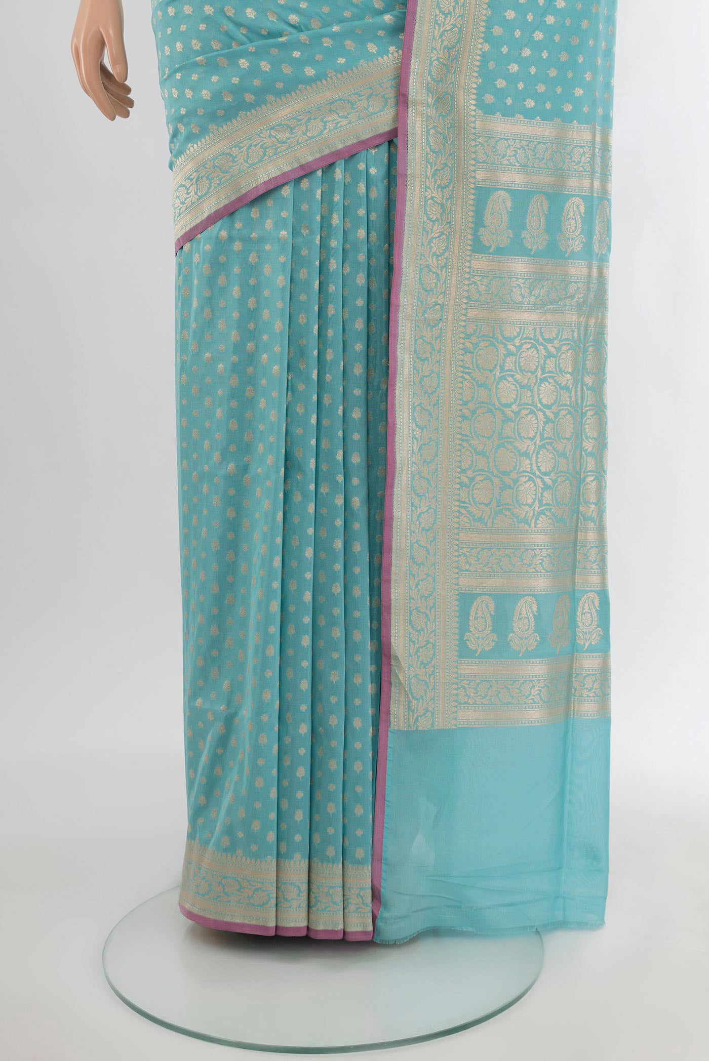 Pleats and pallu of Sky Blue Banarasi Silk Saree with Zari Butta on the body and Zari Border. 