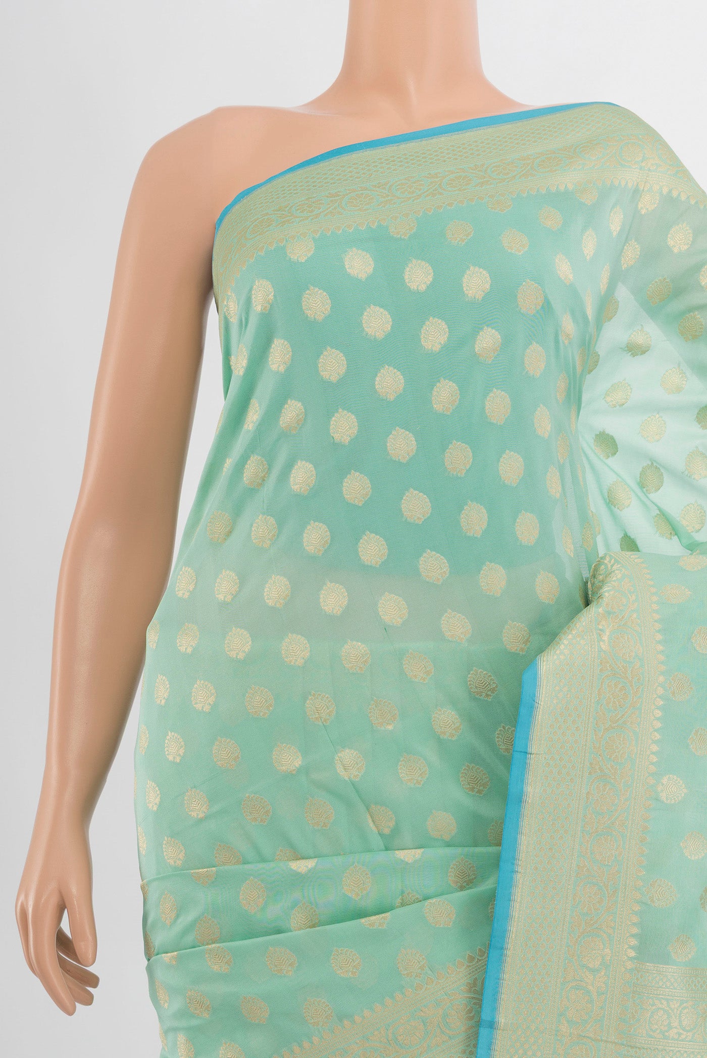 Border image of Pure Silk Pure Zari Light Green Banarasi Saree with Zari Butta on the body and Silk Border. 