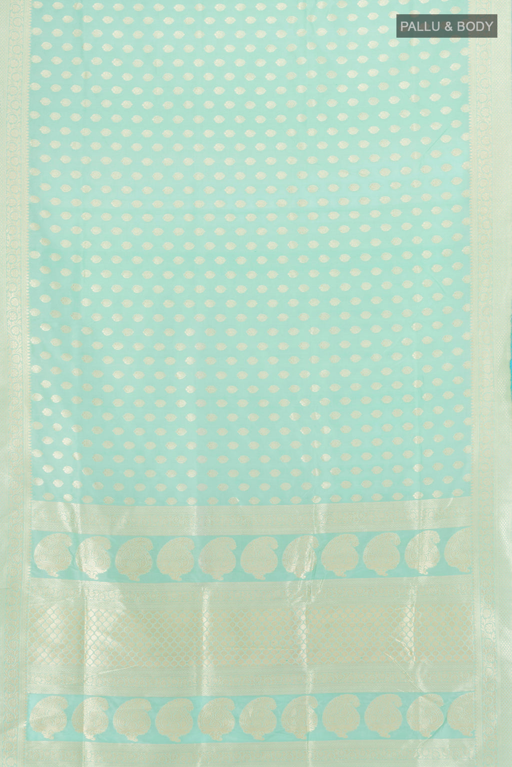 Flat view of Pure Silk Pure Zari Light Green Banarasi Saree with Zari Butta on the body and Silk Border. 