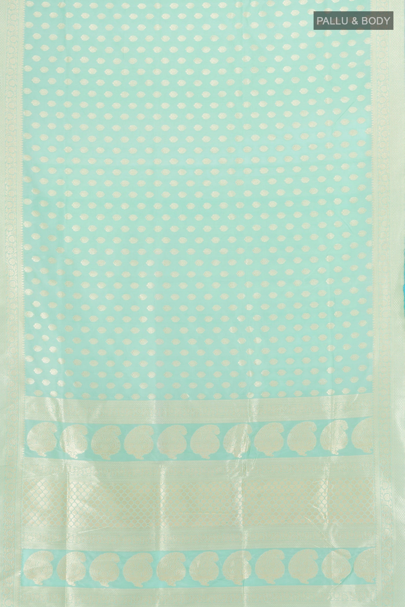 Flat view of Pure Silk Pure Zari Light Green Banarasi Saree with Zari Butta on the body and Silk Border. 