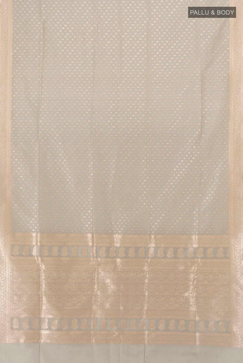 Flat view of Davys Grey Banarasi Silk Saree with Zari Butta on the body and Zari Border. 