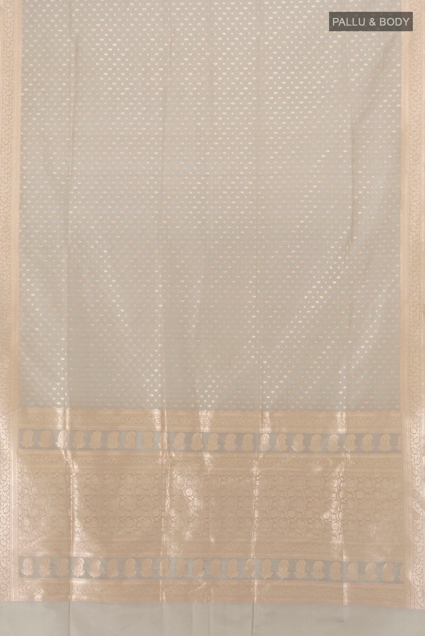 Flat view of Davys Grey Banarasi Silk Saree with Zari Butta on the body and Zari Border. 
