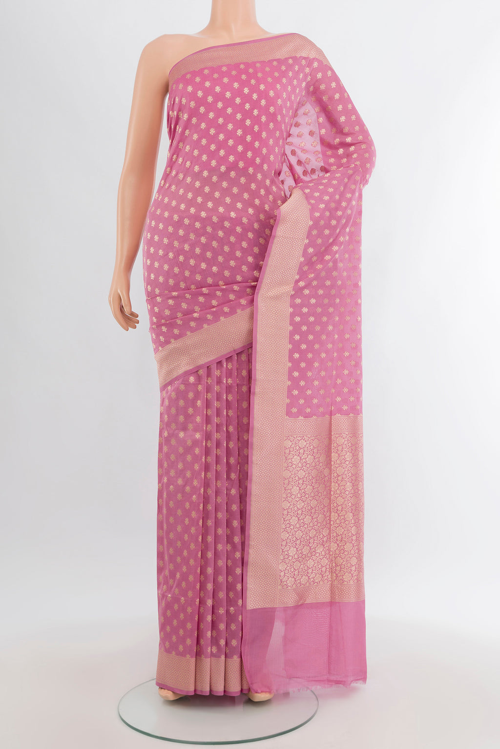 Pink Banarasi Silk Saree with Zari Butta on the body and Zari Border.  displayed on a mannequin