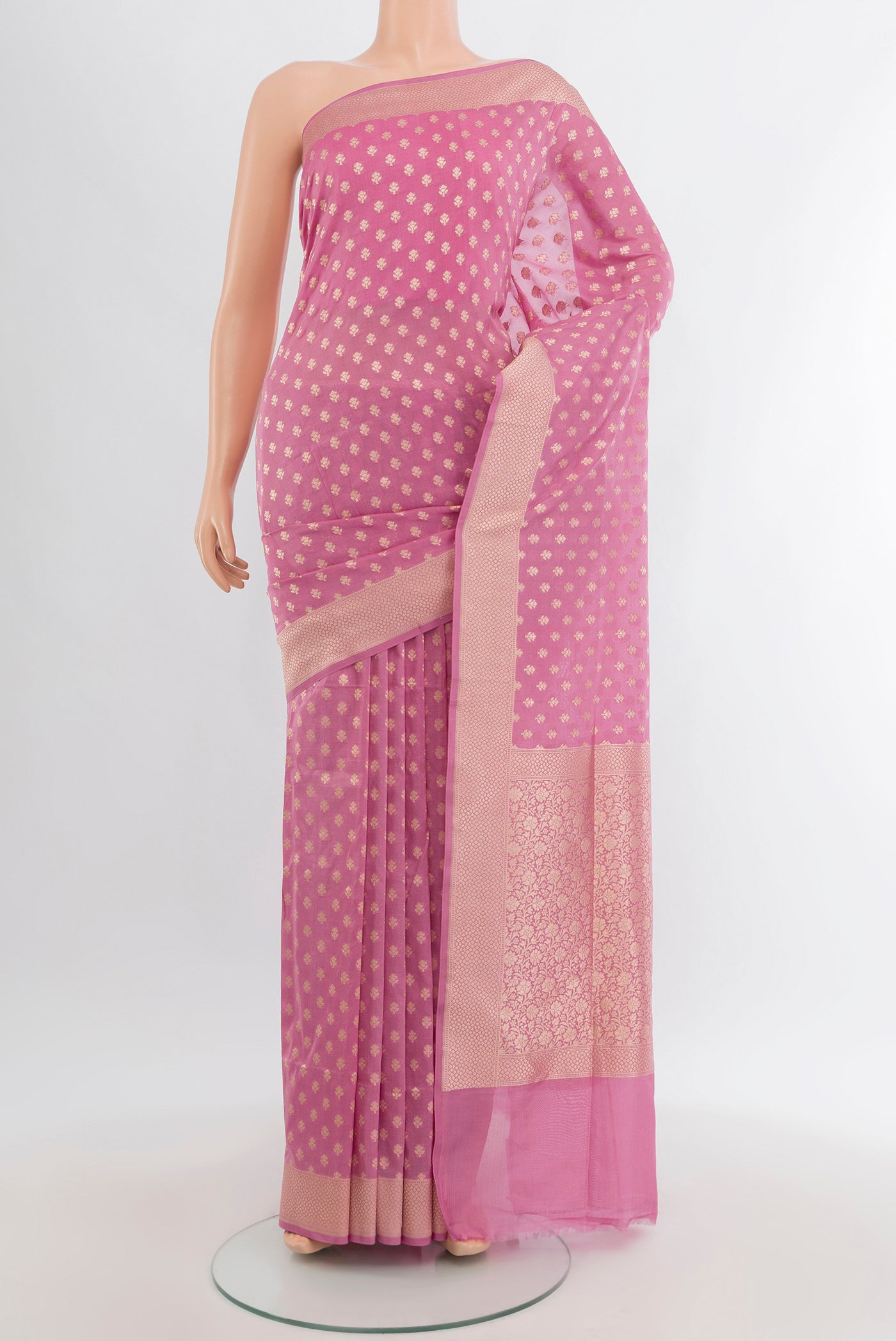 Pink Banarasi Silk Saree with Zari Butta on the body and Zari Border.  displayed on a mannequin
