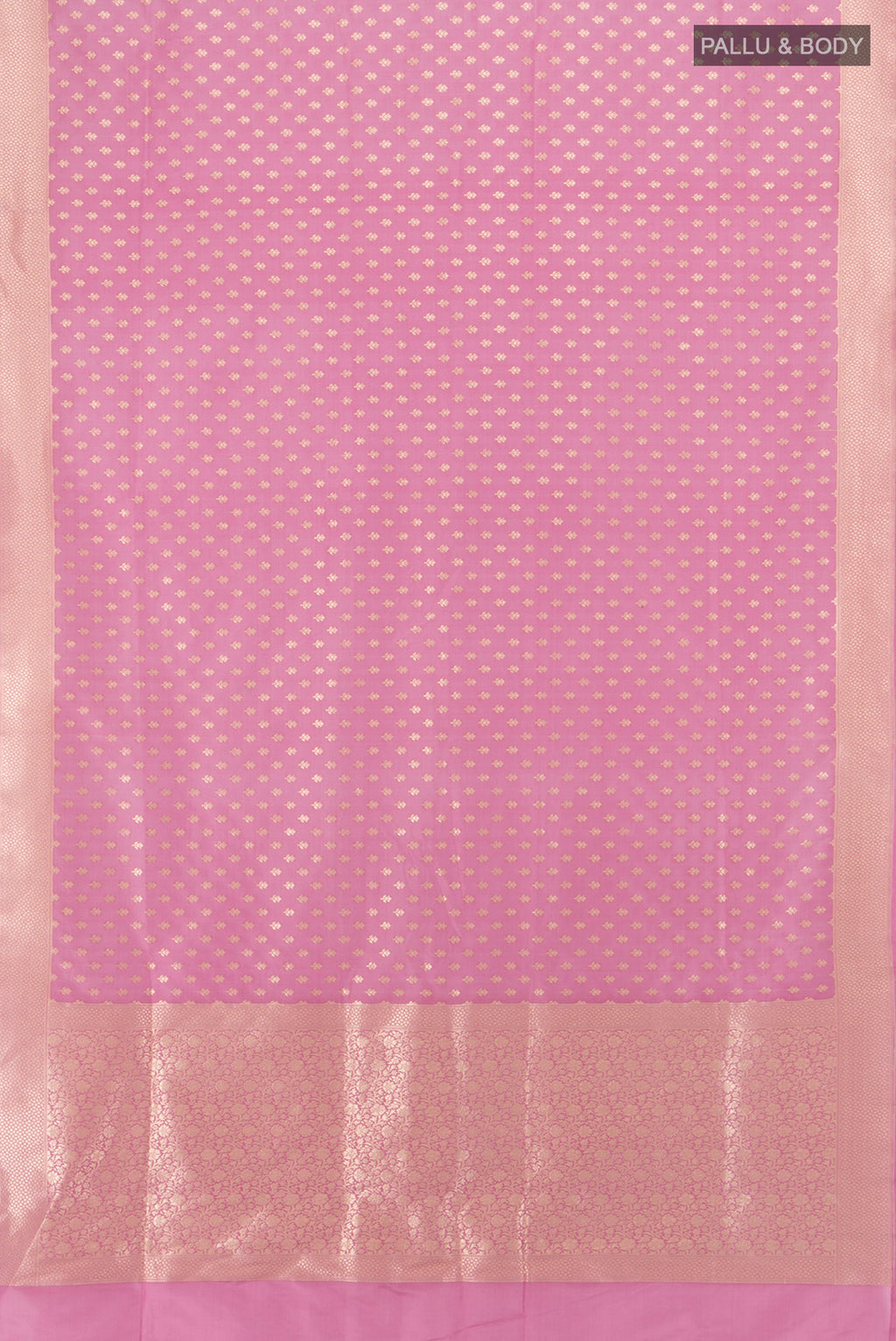 Flat view of Pink Banarasi Silk Saree with Zari Butta on the body and Zari Border. 