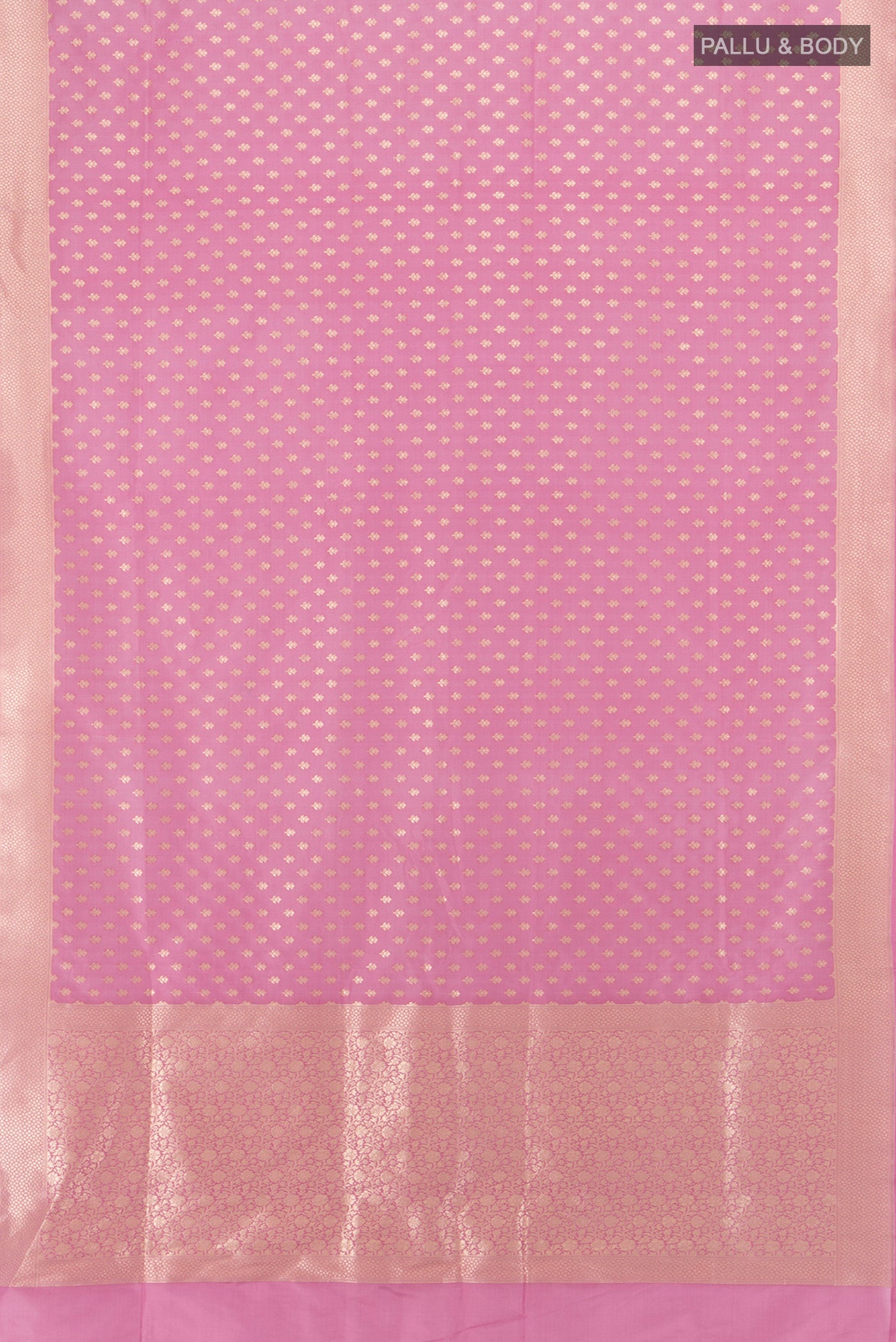 Flat view of Pink Banarasi Silk Saree with Zari Butta on the body and Zari Border. 