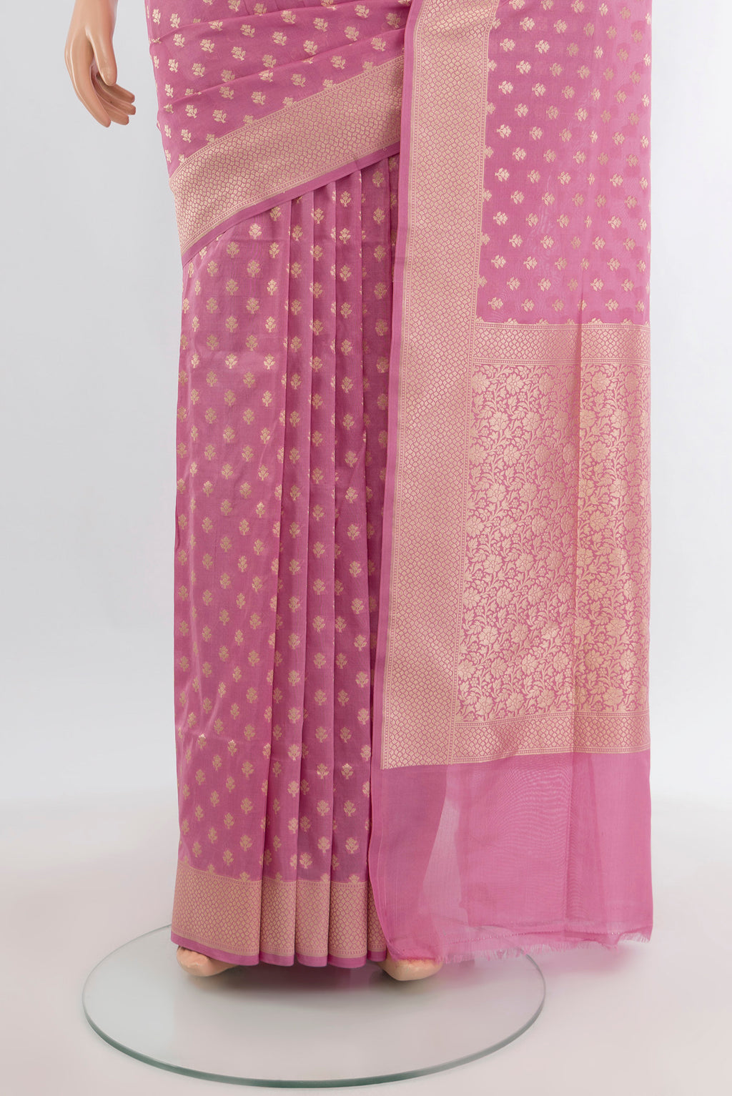 Pleats and pallu of Pink Banarasi Silk Saree with Zari Butta on the body and Zari Border. 