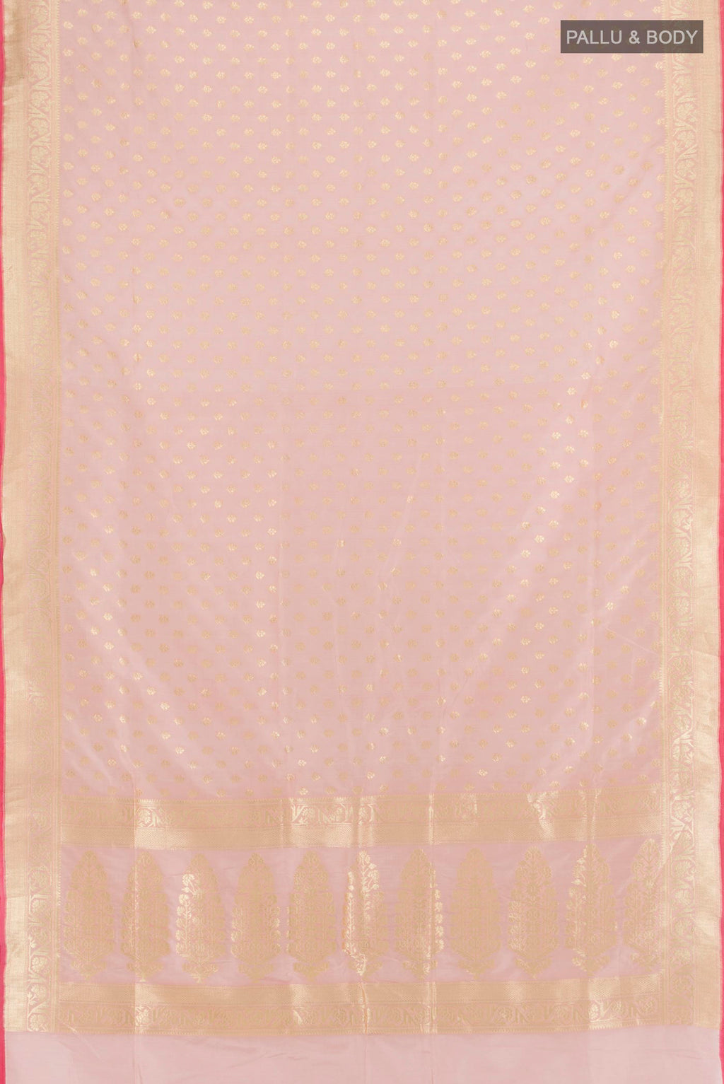 Flat view of Rose pink Banarasi Silk Saree with Zari Butta on the body and Zari Border. 