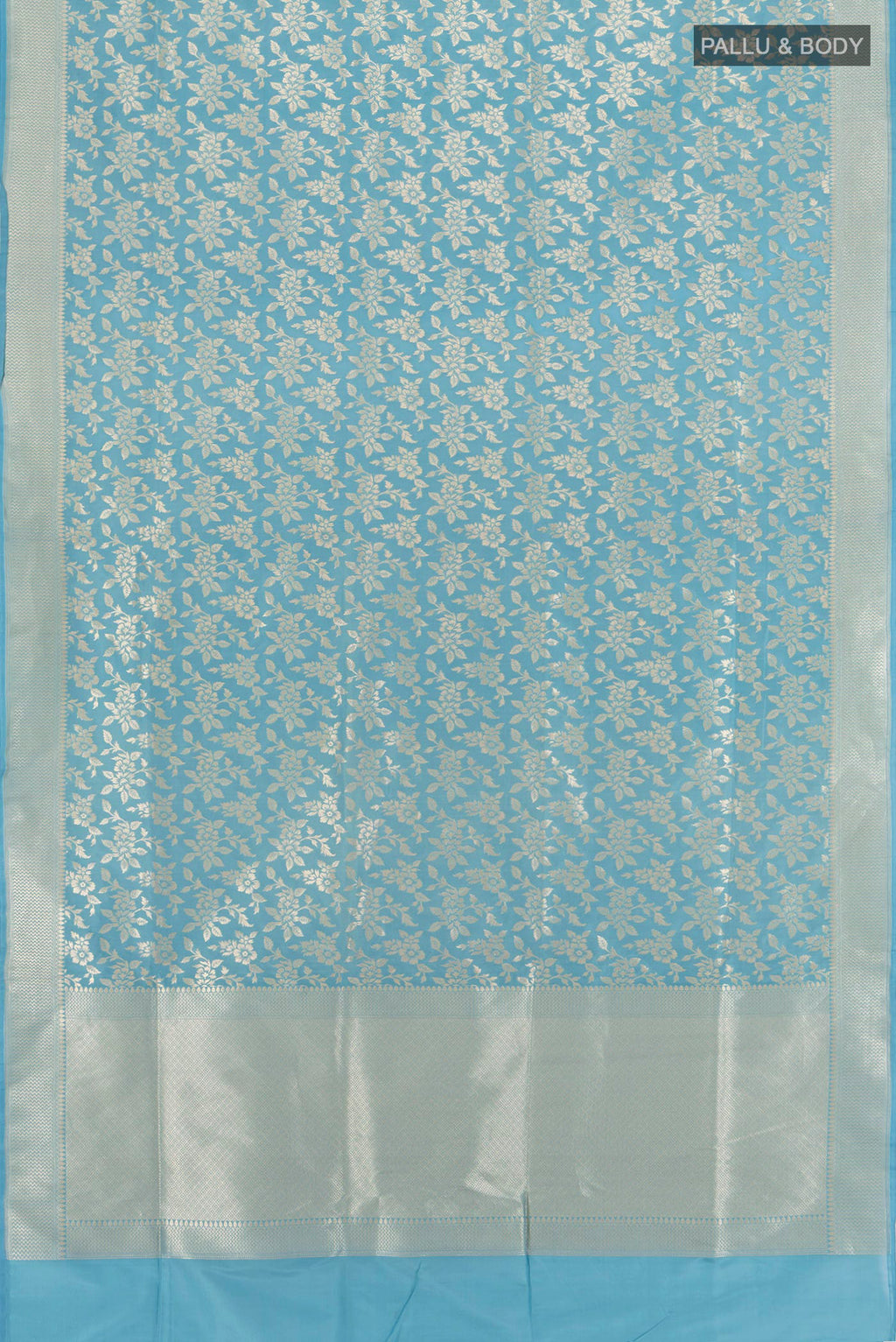 Flat view of Maya Blue Banarasi Silk Saree with Zari Brocade on the body and Zari Border. 