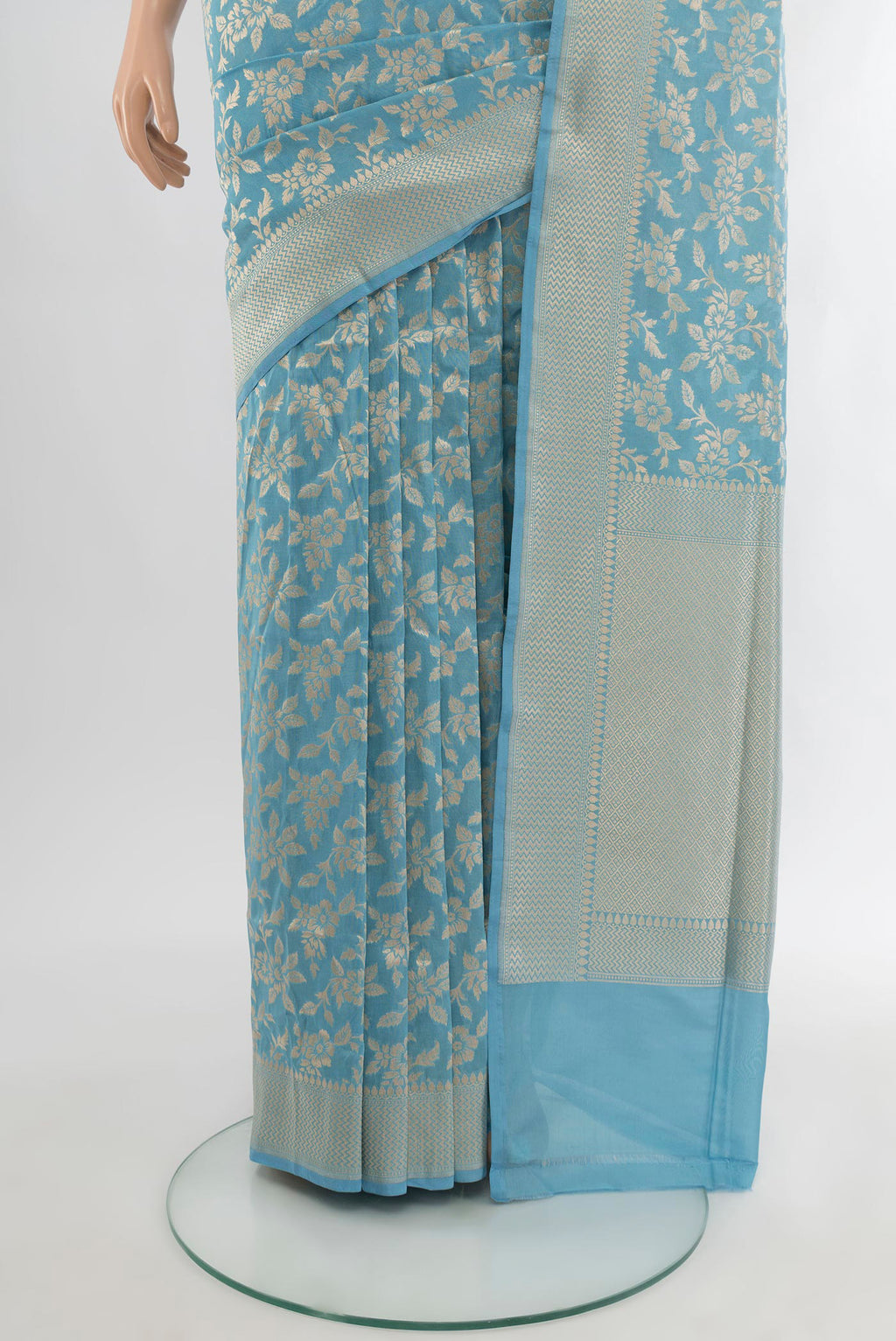 Pleats and pallu of Maya Blue Banarasi Silk Saree with Zari Brocade on the body and Zari Border. 