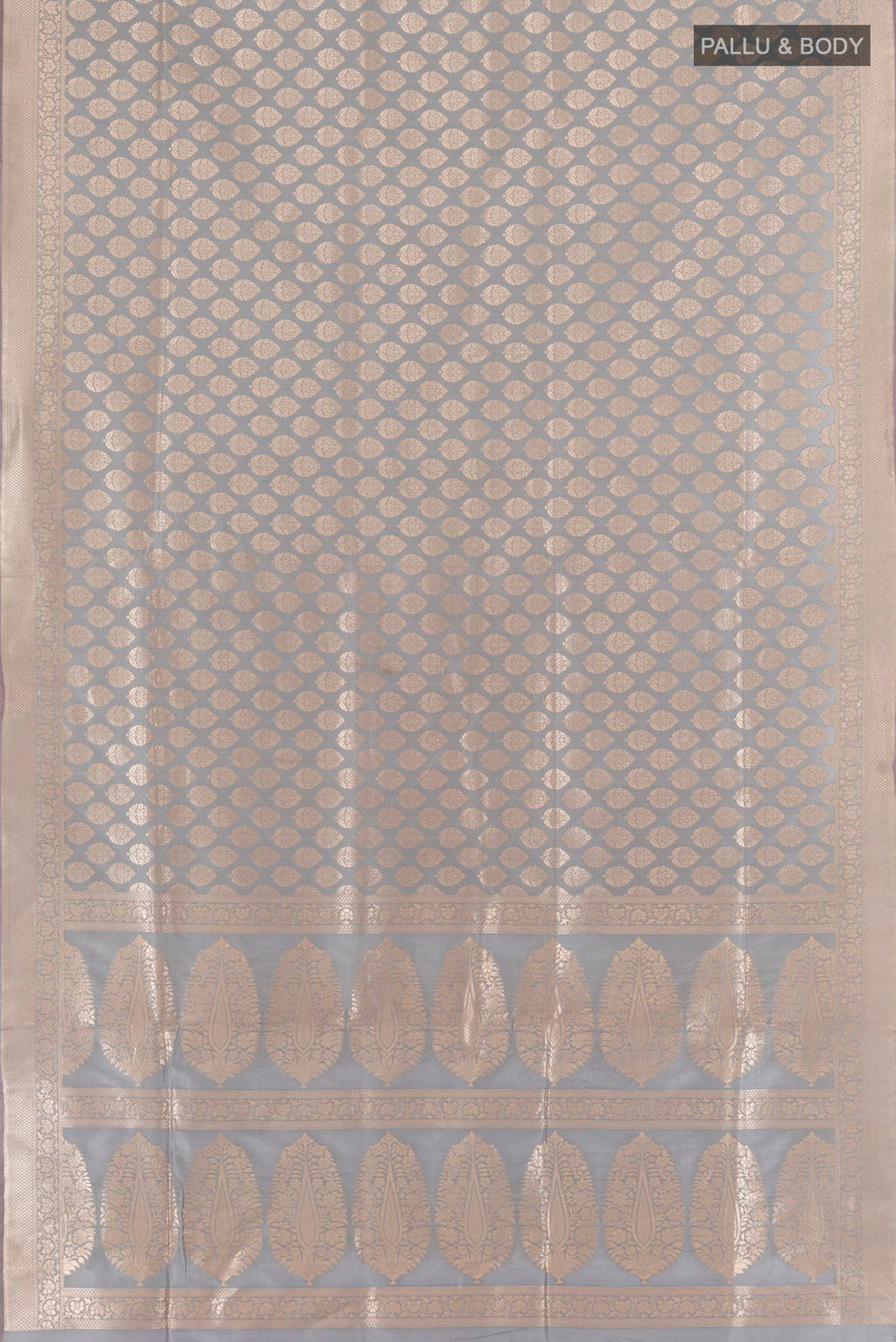 Flat view of Pure Silk Grey Banarasi Saree with Zari Butta on the body and Zari Border. 