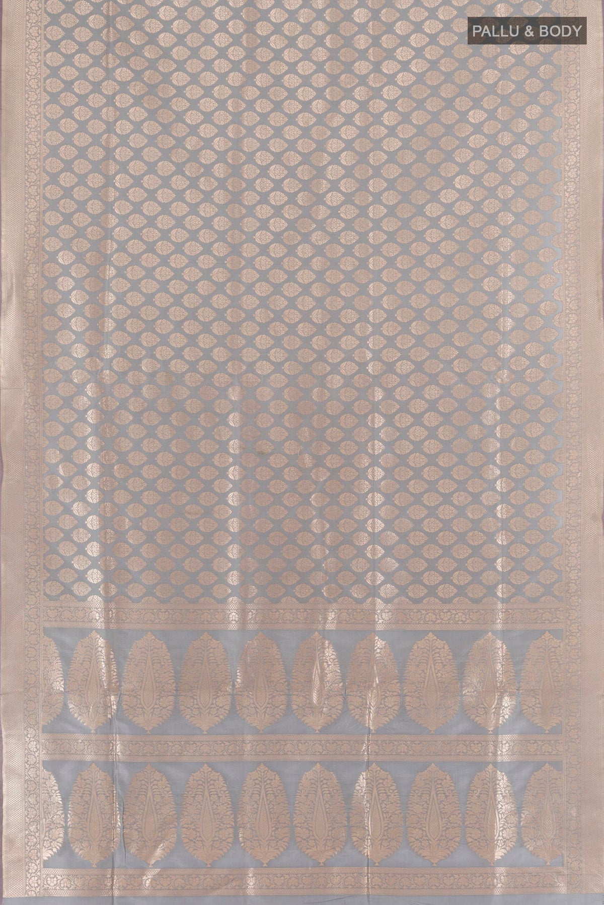 Flat view of Pure Silk Grey Banarasi Saree with Zari Butta on the body and Zari Border. 