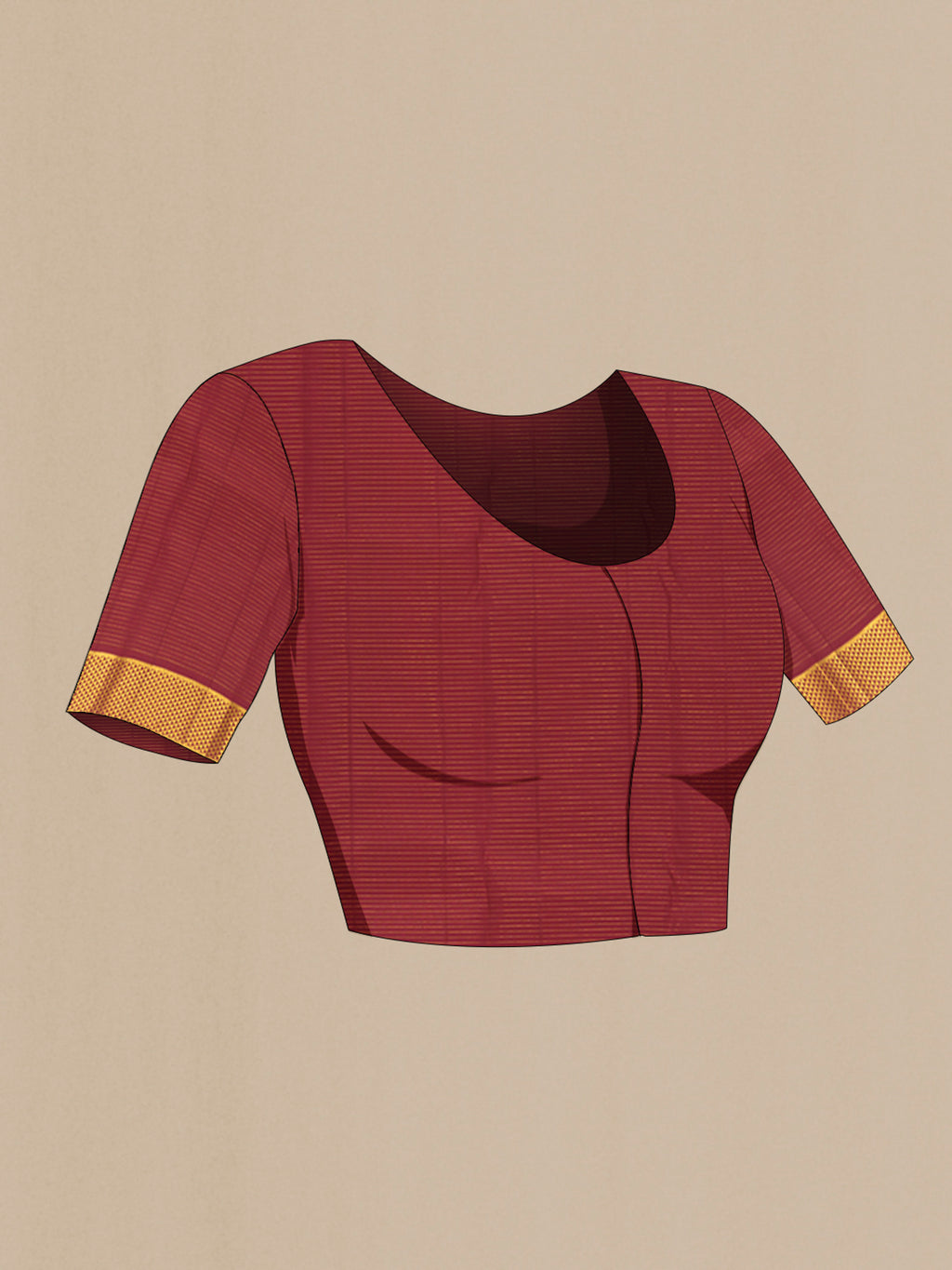 Close up image of the blouse of Maroon Kanchipuram Silk Saree with Checked design on the body and Zari Border. 